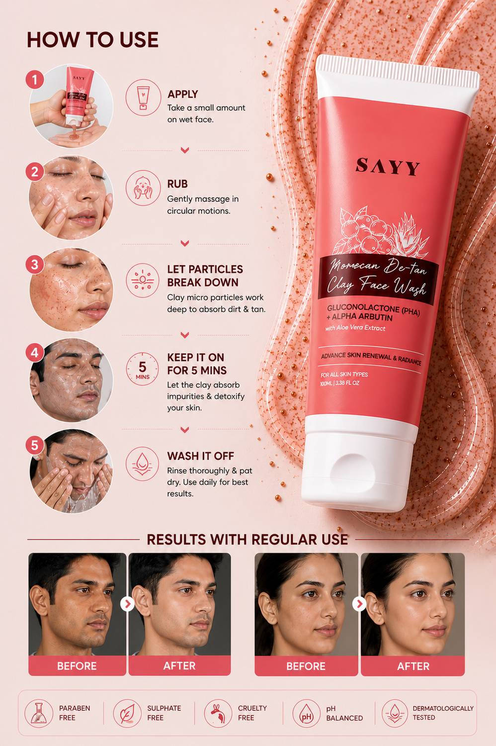 SAYY Moroccan De-Tan Facewash, Clay with PHA & Alpha Arbutin, 100 ml - Image 3