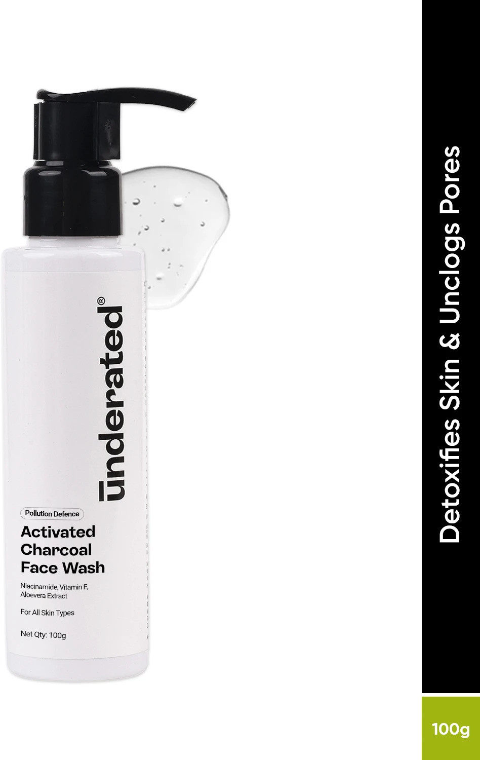 Image of UNDERATED Activated Charcoal Pollution Defence | Deep Cleansing & Oil Control | With Niacinamide, Vitamin E, & Aloe Vera Extract | Unclogs Pores & Detoxifies Skin | For All Skin Types Face Wash