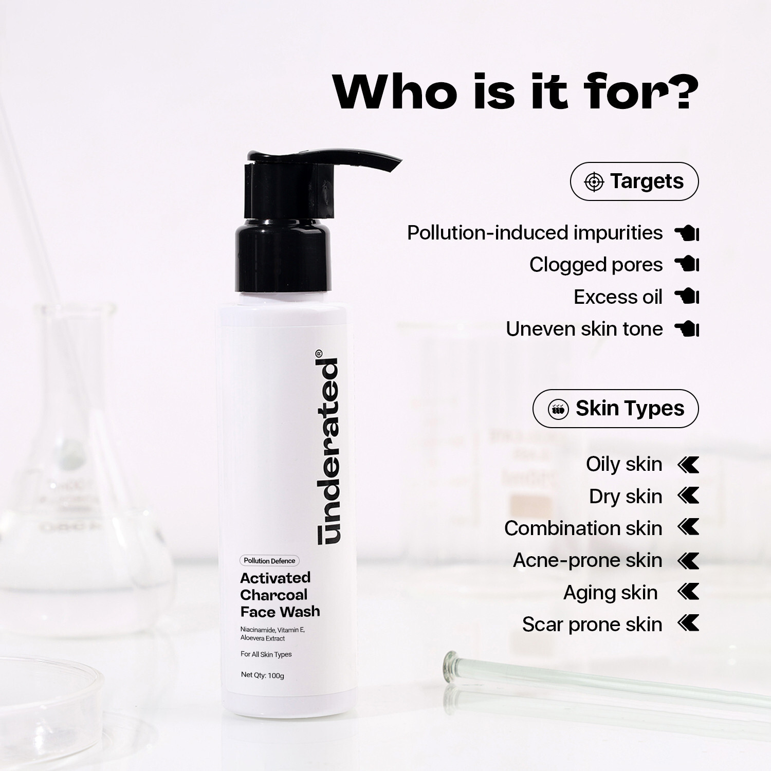 Image of UNDERATED Activated Charcoal Pollution Defence | Deep Cleansing & Oil Control | With Niacinamide, Vitamin E, & Aloe Vera Extract | Unclogs Pores & Detoxifies Skin | For All Skin Types Face Wash