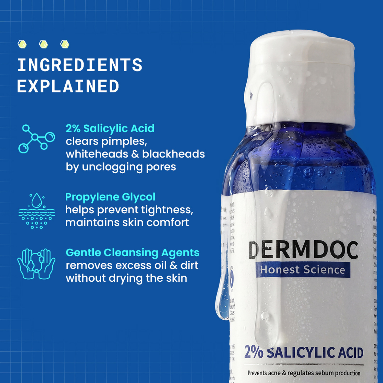 Image of DermDoc 2% Salicylic Acid Cleanser | Clears Pimples, Dark Spots, Whiteheads & Blackheads | Gentle Exfoliation Face Wash
