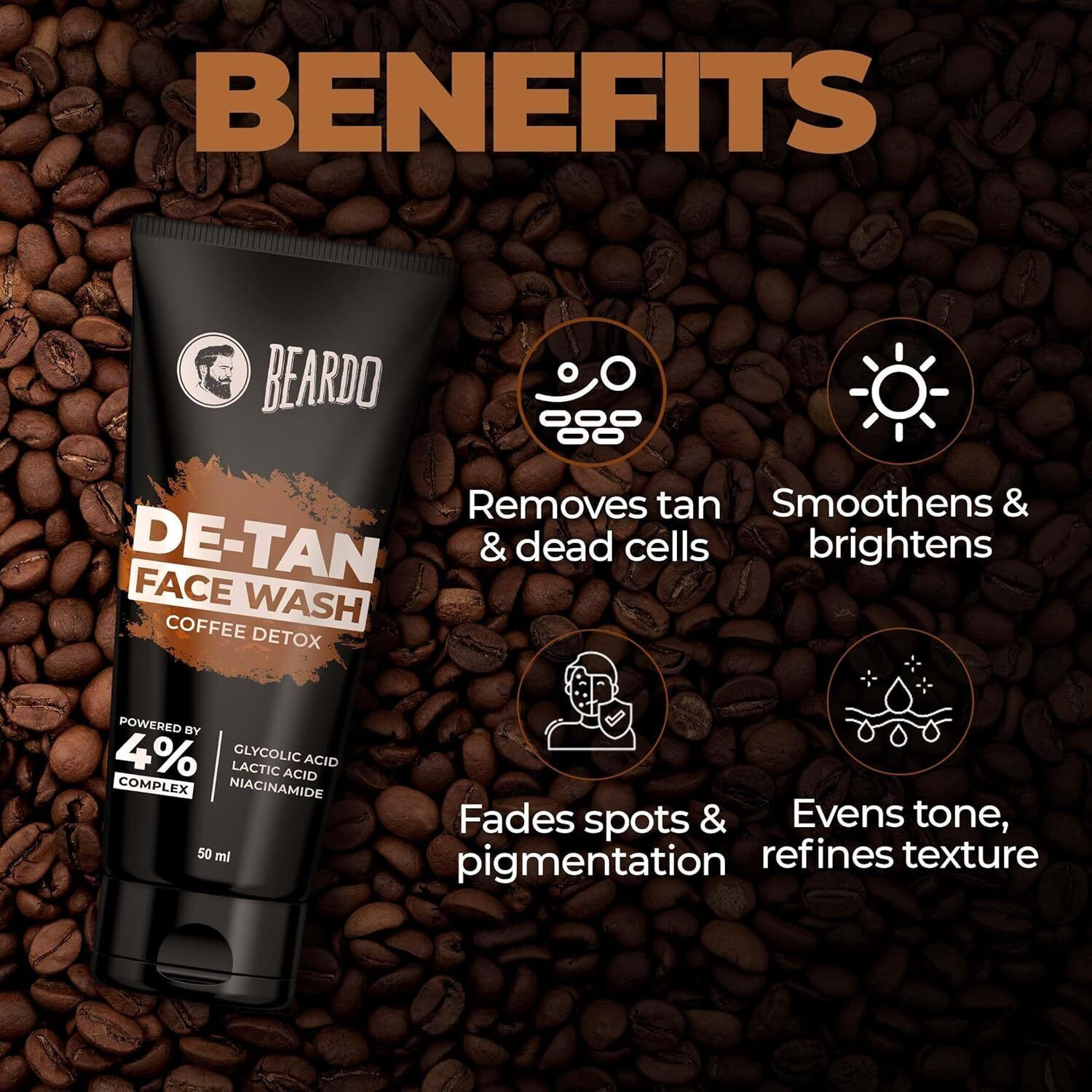Image of BEARDO De-Tan Glycolic & Latic Acid, Niacinamide & Coffee Tan removal Exfoliates Men (Pack of 2) Face Wash