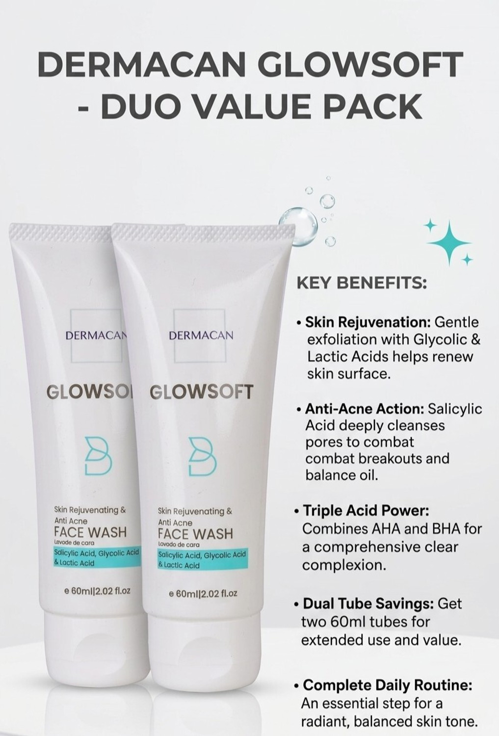 Image of Dermacan Glow Soft Anti Acne Face wash (Pack of 2) Face Wash