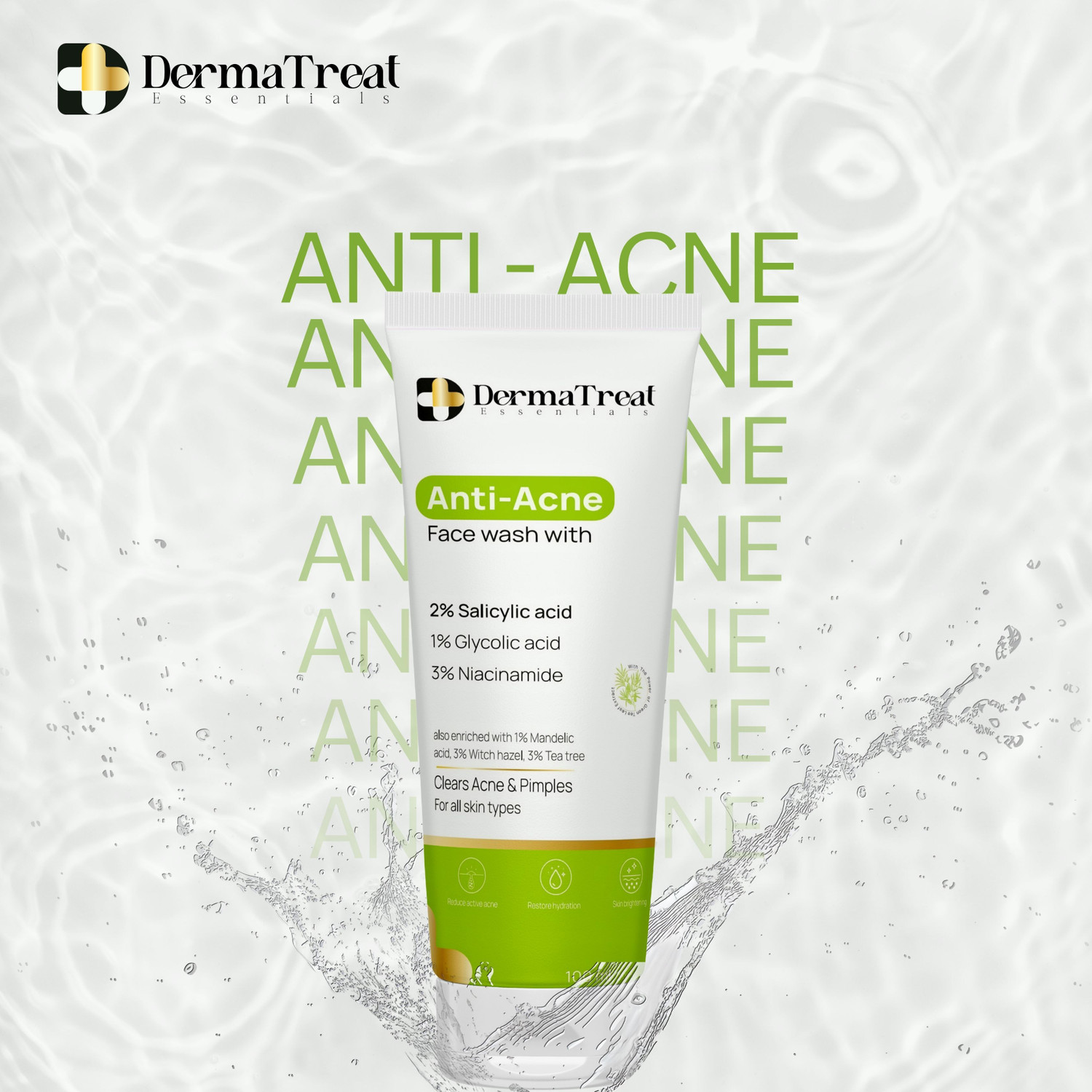 Image of DermaTreat Essentials Anti Acne With 2% Salicylic Acid, 1% Glycolic Acid & 3% Niacinamide for Active Acne, Pigmentation & Even Tone Skin Face Wash