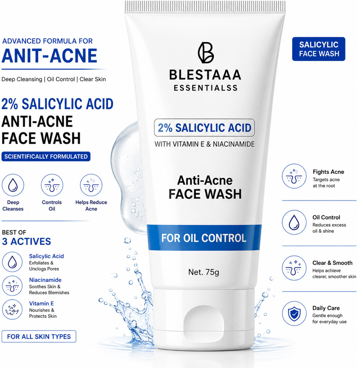 Image of blestaaa essentialss 2% Salicylic Acid For Oily Skin | Anti Face Cleanser With Niacinamide & Vitamin E For Acne Face Wash