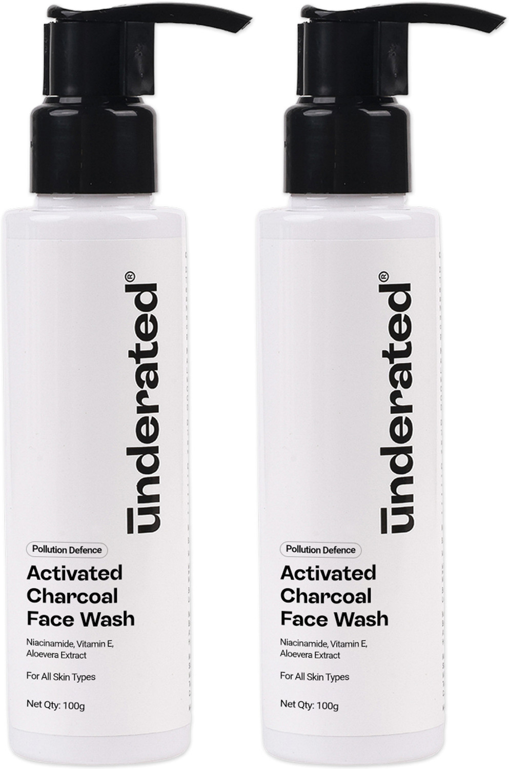 Image of UNDERATED Activated Charcoal Pollution Defence | Deep Cleansing & Oil Control | With Niacinamide, Vitamin E, & Aloe Vera Extract | Unclogs Pores & Detoxifies Skin | For All Skin Types Face Wash