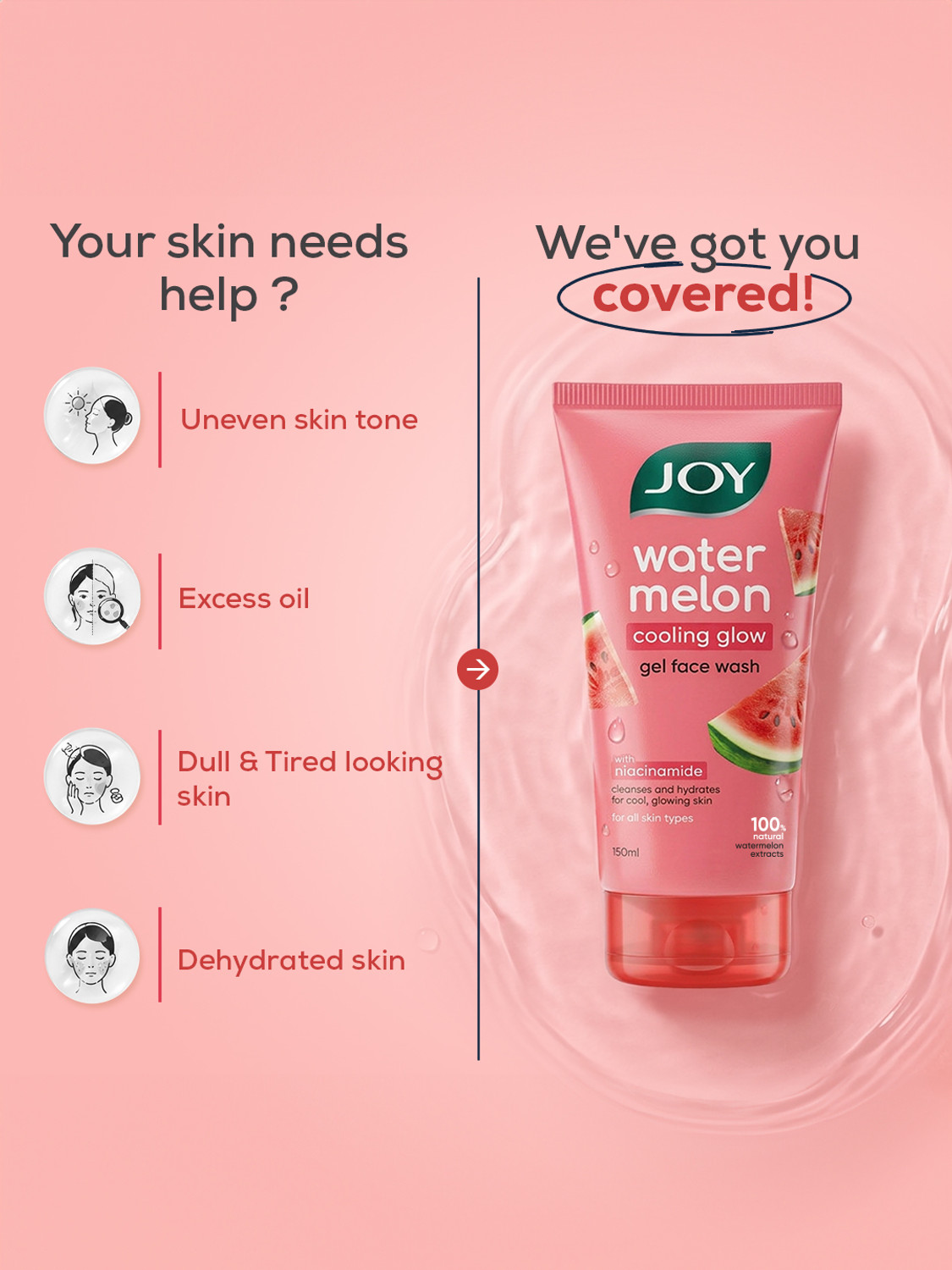 Image of Joy Watermelon with Niacinamide | Hydrating & Refreshing Cleanser | Cooling Glow Gel Face Wash (300 ml)