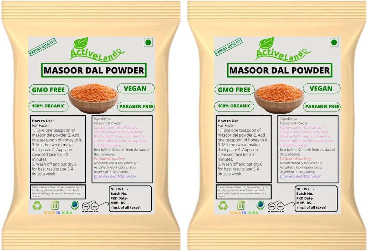 Activeland 100% Pure and Natural Masoor Dal Facewash Powder For Face And Skin (75gm Each) Face Wash