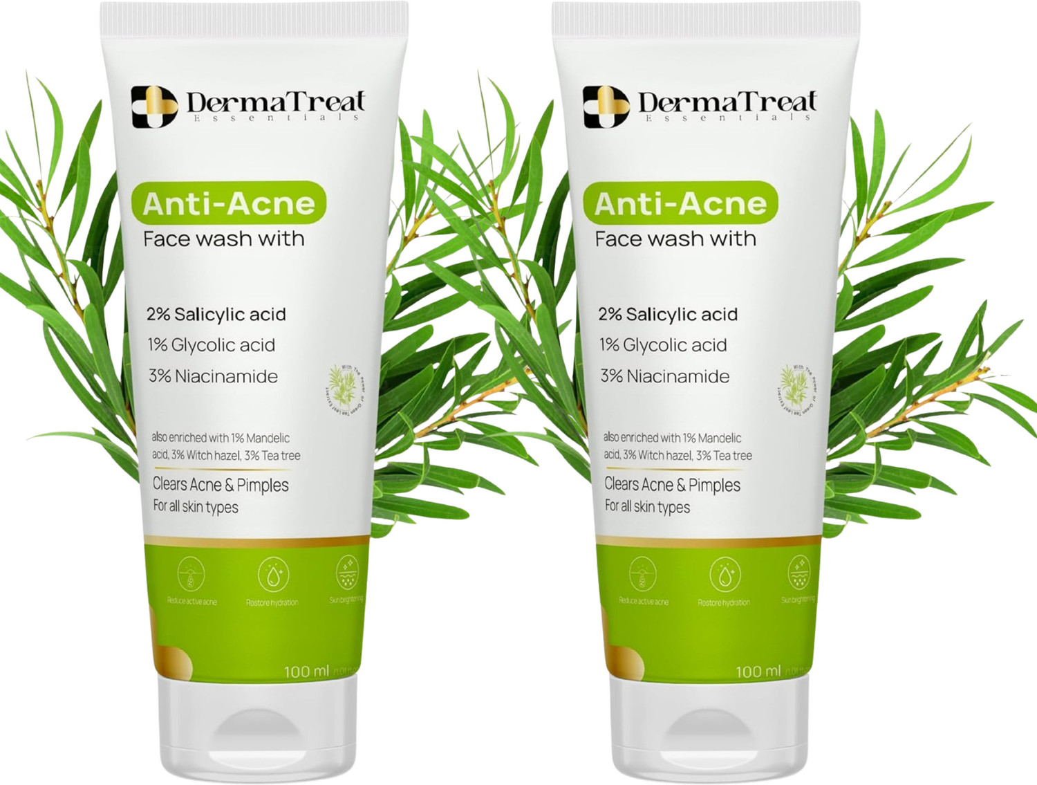 Image of DermaTreat Essentials Acne Control with Salicylic Acid | Reduces Pimples, Clears Pores and Prevents Breakouts | For Oily and Acne-Prone Skin | Pack of 2 Face Wash