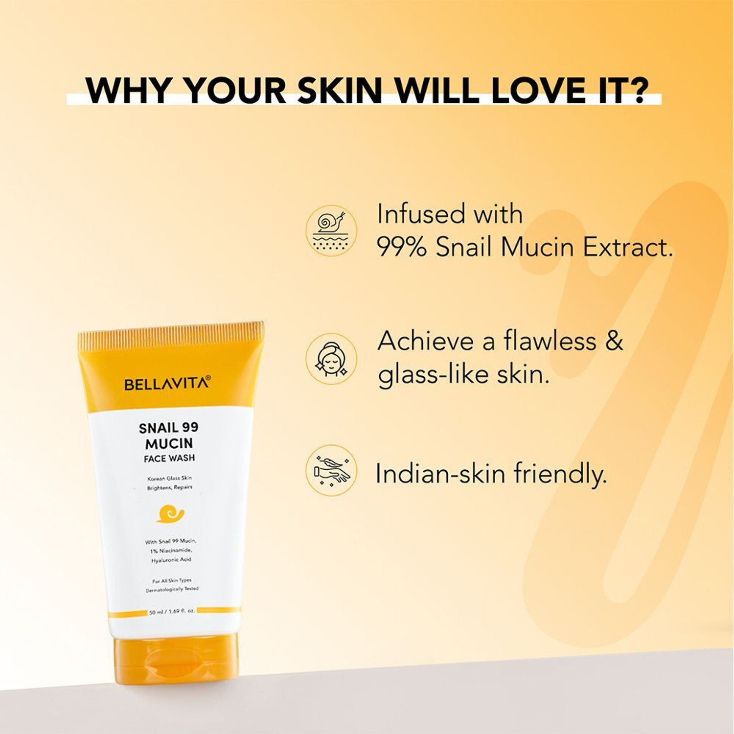 Image of BELLAVITA Snail Mucin 99% (50 ml) | Removes Dirt, Brightens & Smoothens Skin Face Wash