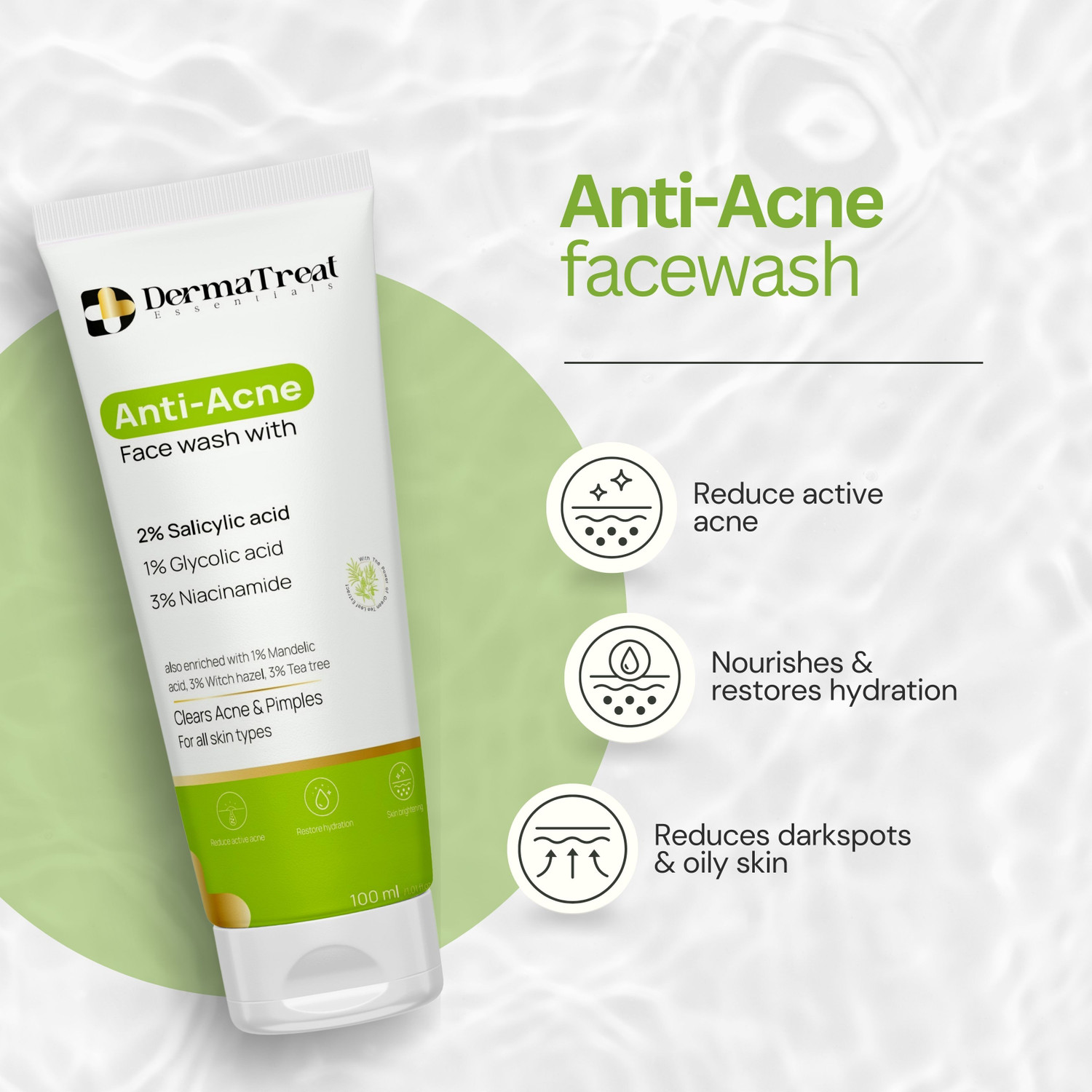 Image of DermaTreat Essentials Anti Acne With 2% Salicylic Acid, 1% Glycolic Acid & 3% Niacinamide for Active Acne, Pigmentation & Even Tone Skin Face Wash