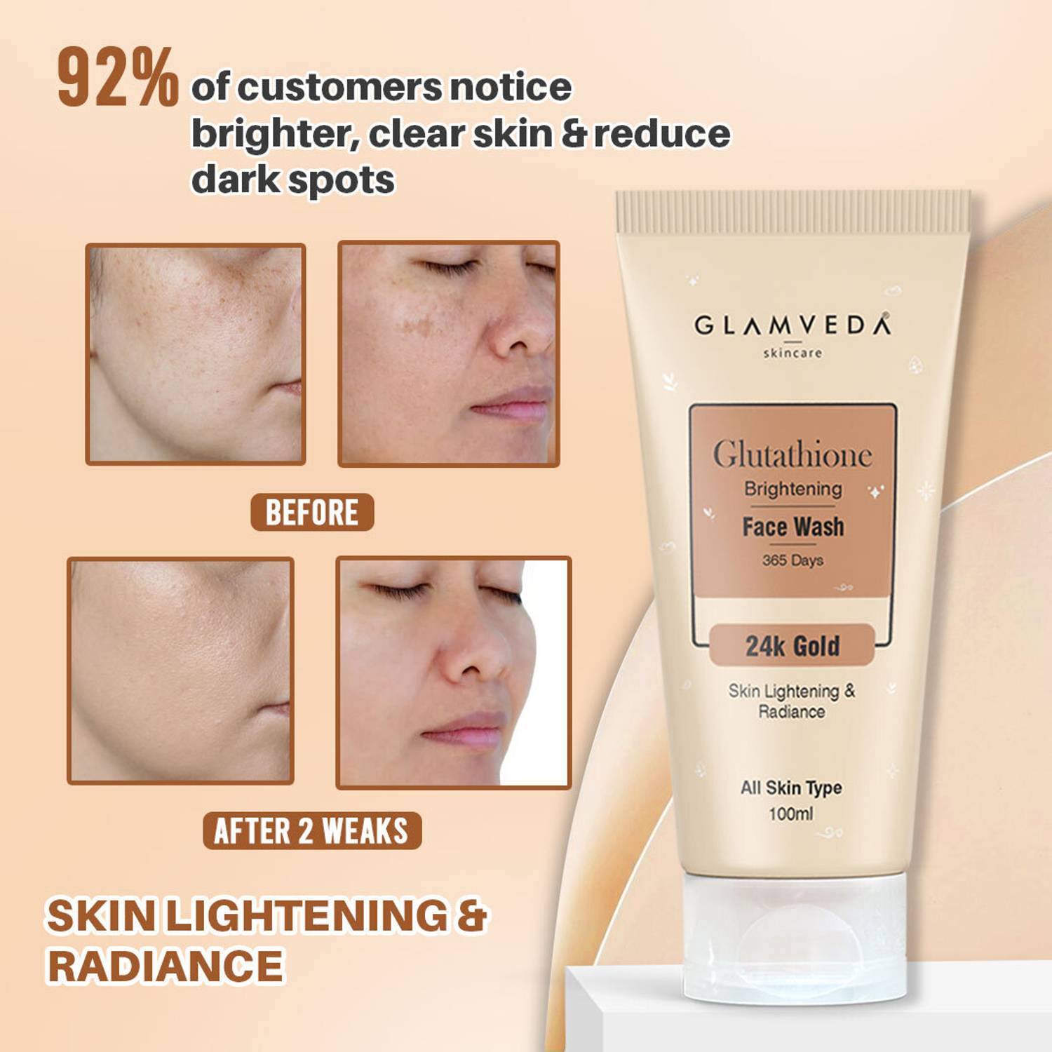 GLAMVEDA Glutathione 24 k Gold Brightening ,Reduce Dark Spots &  Pigmentation (Pack Of 2) Face Wash