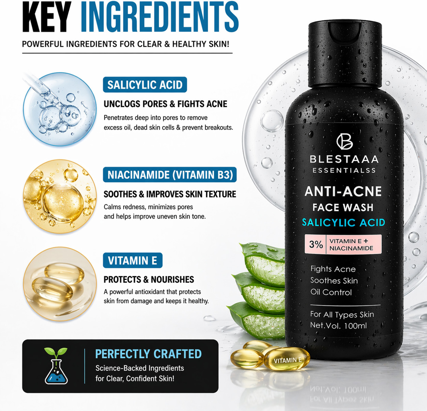 Image of blestaaa essentialss 2% Salicylic Acid For Oily Skin Anti Face Cleanser With Niacinamide & Vitamin E For Acne Face Wash