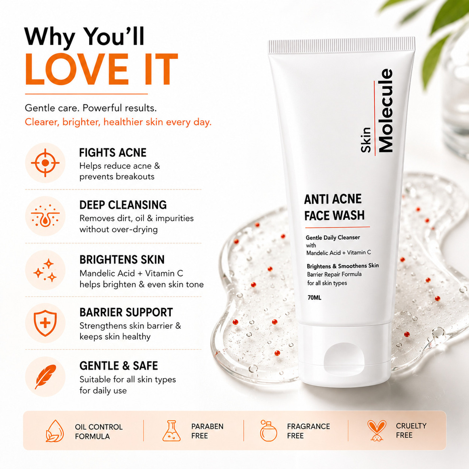 Image of Skin Molecule Anti Acne Facewash with Mandelic Acid & Vitamin C | Deep Cleansing Face Cleanser for Acne Prone Skin | Brightens & Smoothens Skin Face Wash
