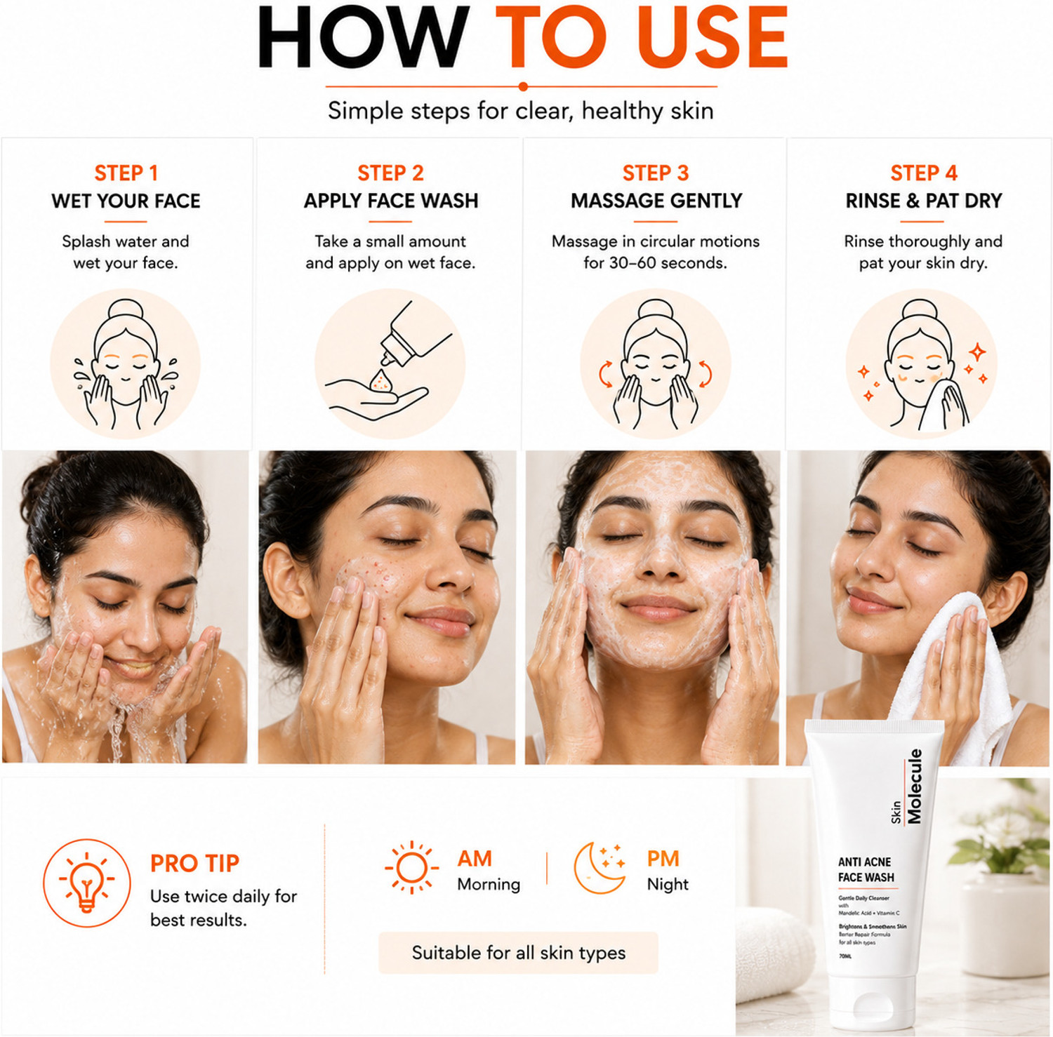 Image of Skin Molecule Anti Acne Facewash with Mandelic Acid & Vitamin C | Deep Cleansing Face Cleanser for Acne Prone Skin | Brightens & Smoothens Skin Face Wash