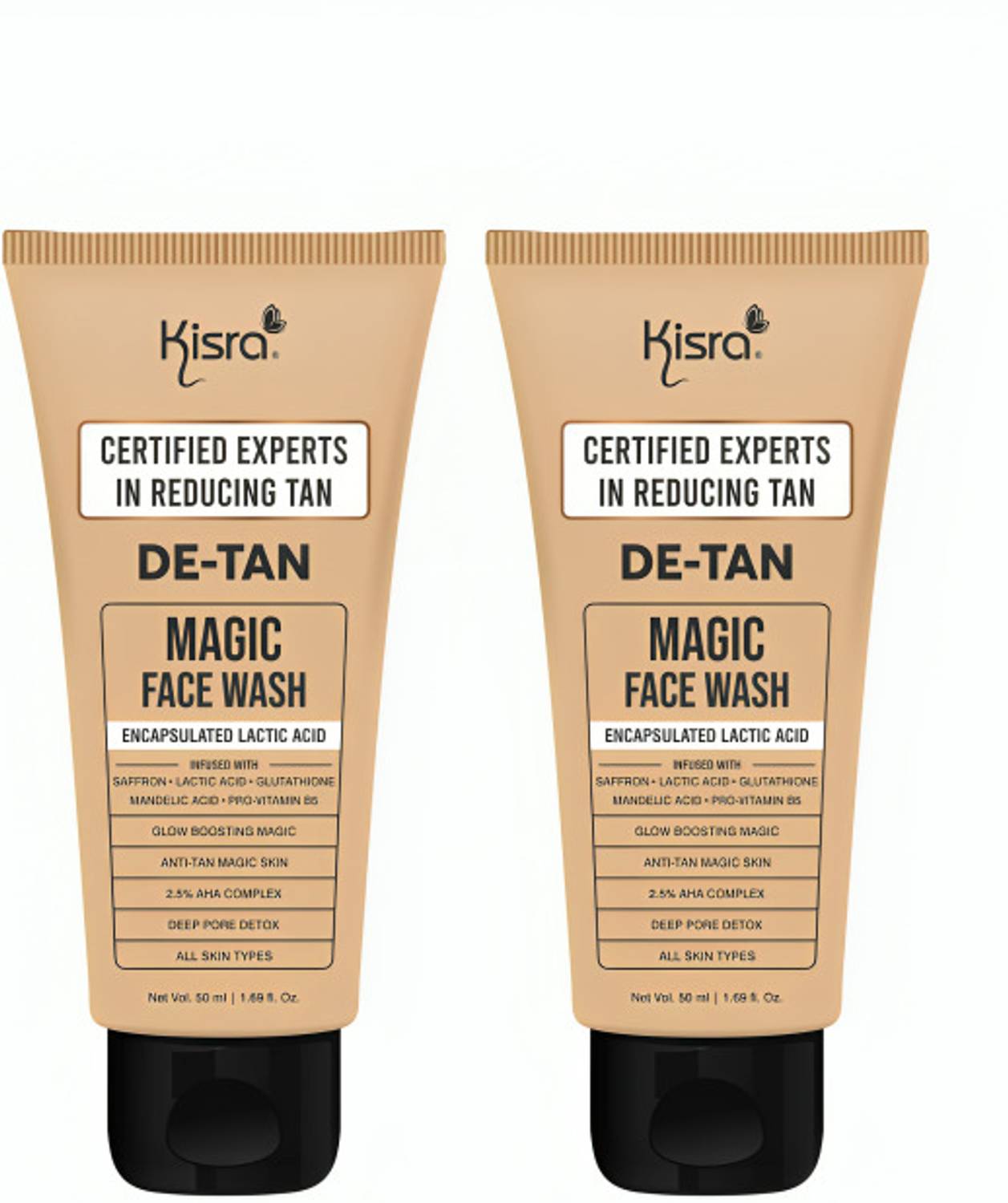 KISRA De-Tan Magic with Lactic Acid & Glutathione for Glowing Skin 50ml (pack of 2) Face Wash
