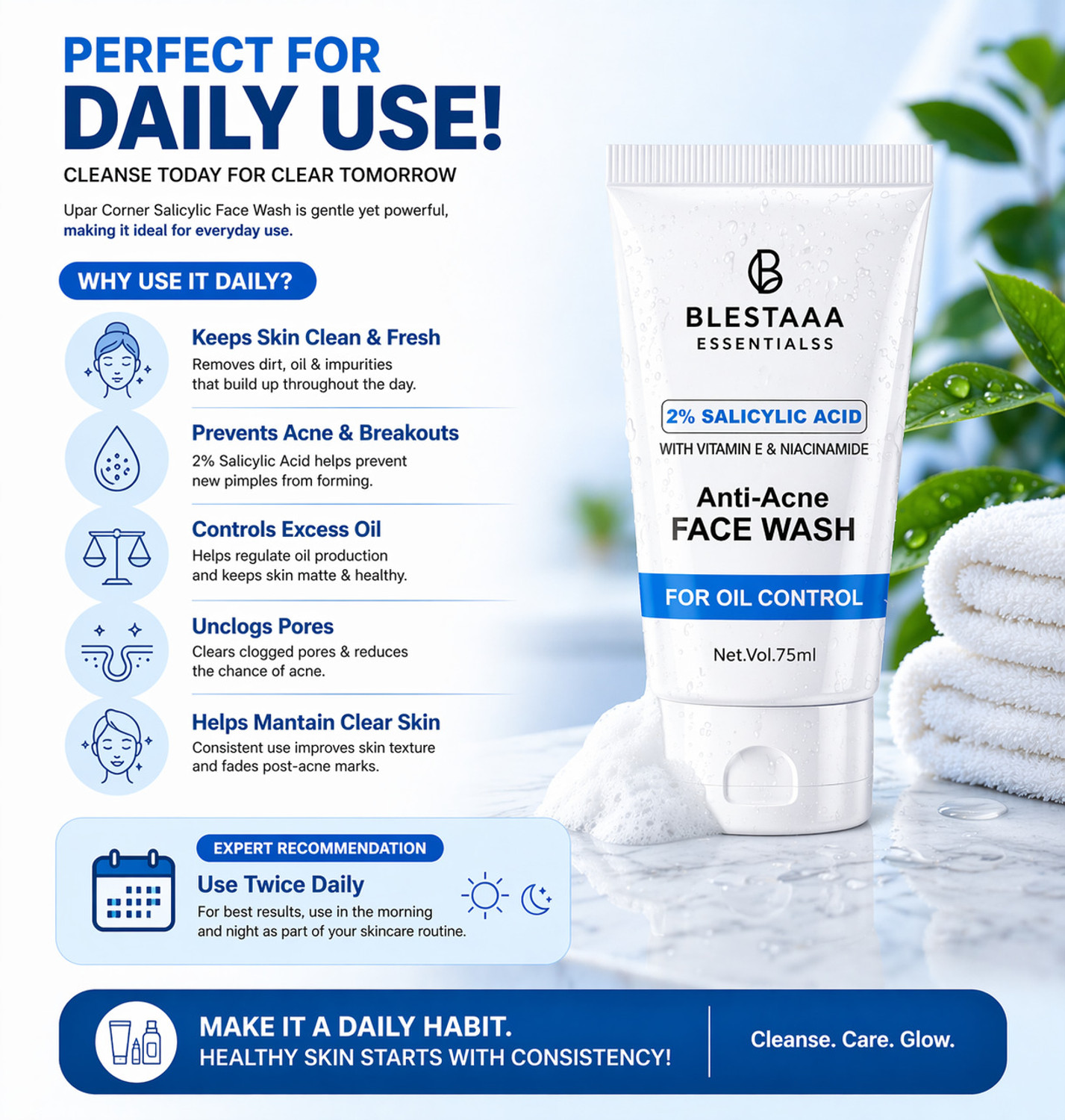 Image of blestaaa essentialss 2% Salicylic Acid For Oily Skin Anti Face Cleanser With Niacinamide & Vitamin E For Acne Face Wash