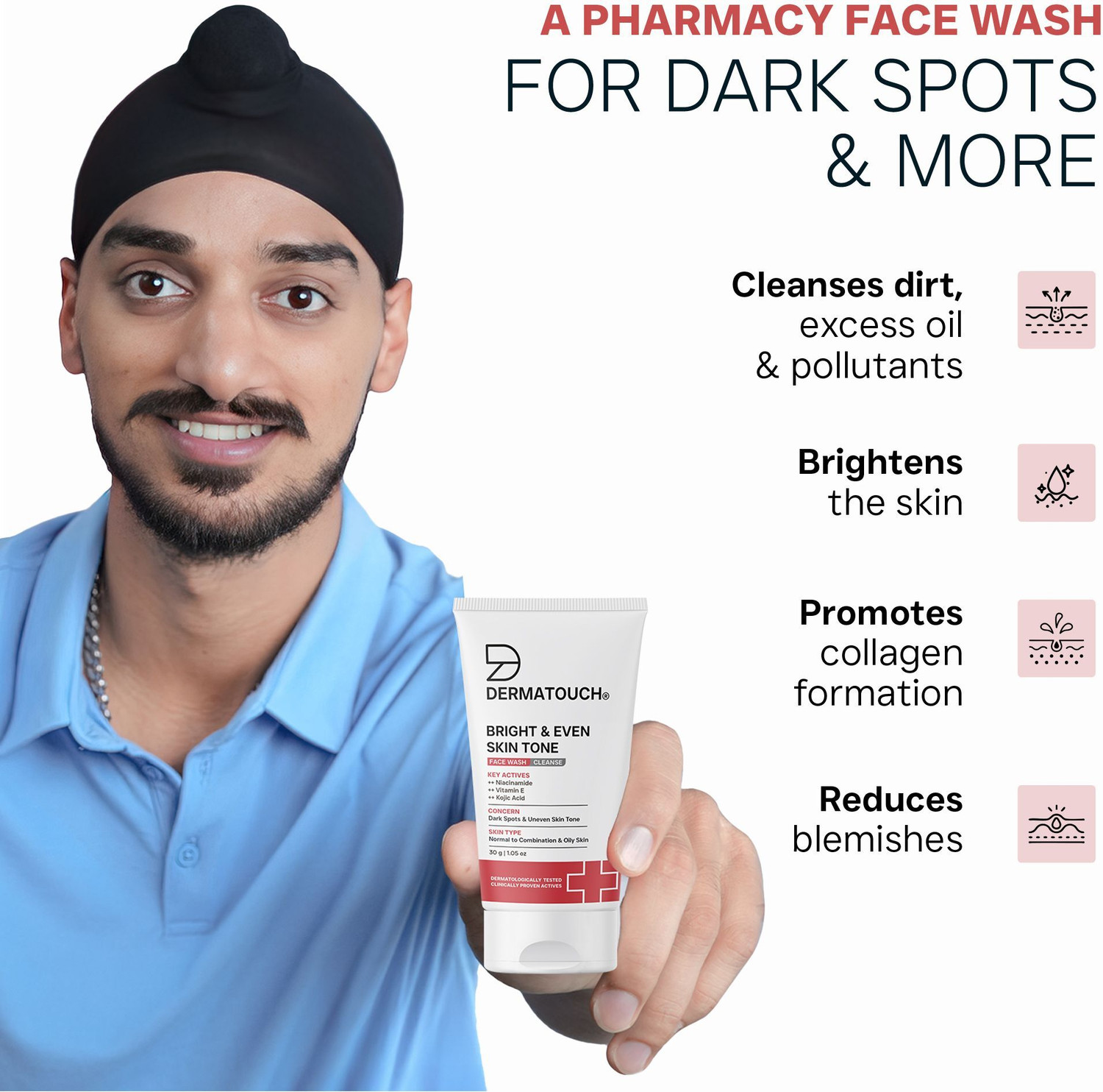 Image of DERMATOUCH Bright & Even Tone with Niacinamide, Vitamin E and Kojic Acid Men & Women All Skin Types Face Wash