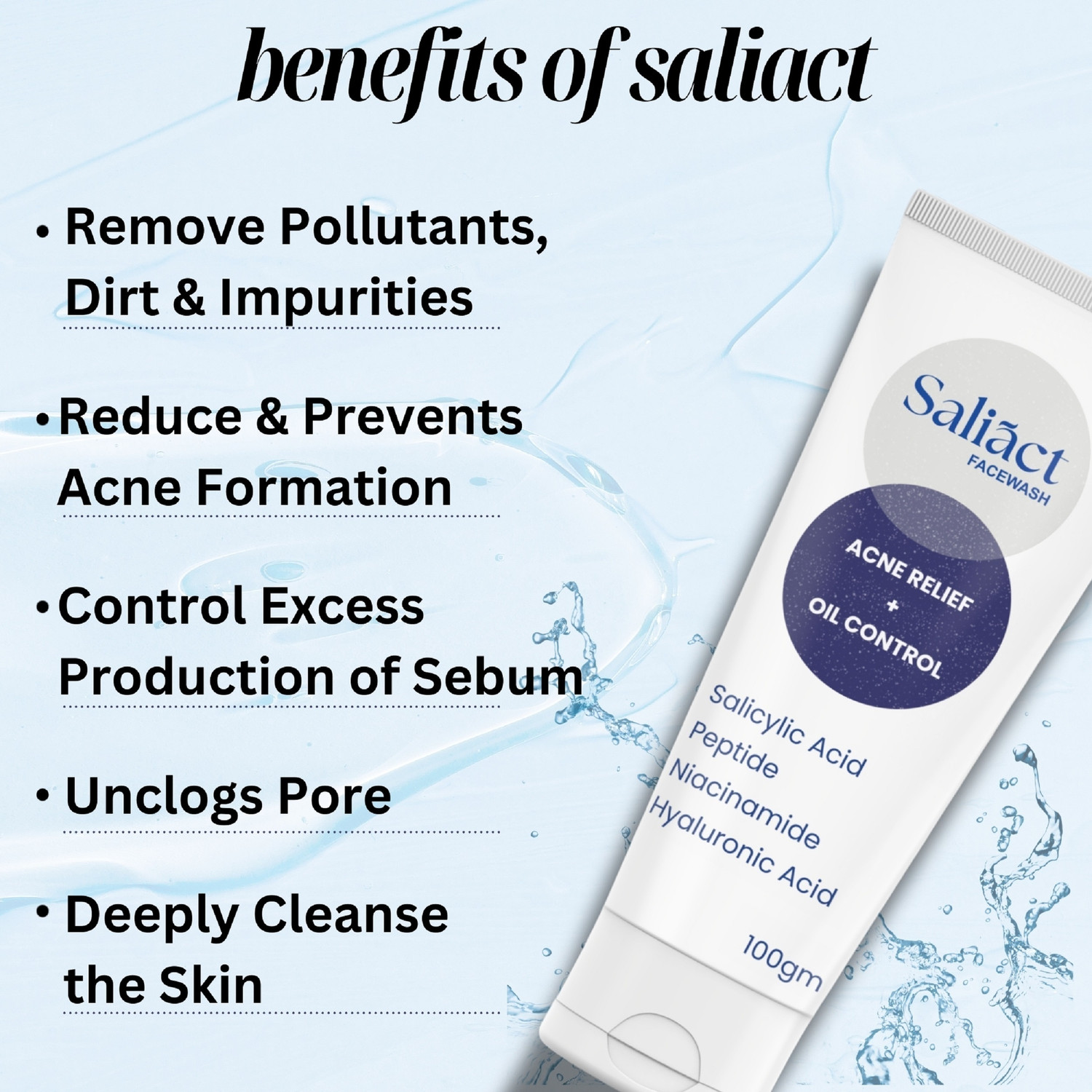 Image of Saliact 1% Salicylic Acid Gel Facewash With Niacinamide & Peptide For Oily, Sensitive & Acne Prone Skin, Anti Acne, Pimples & Oil Control Face Wash