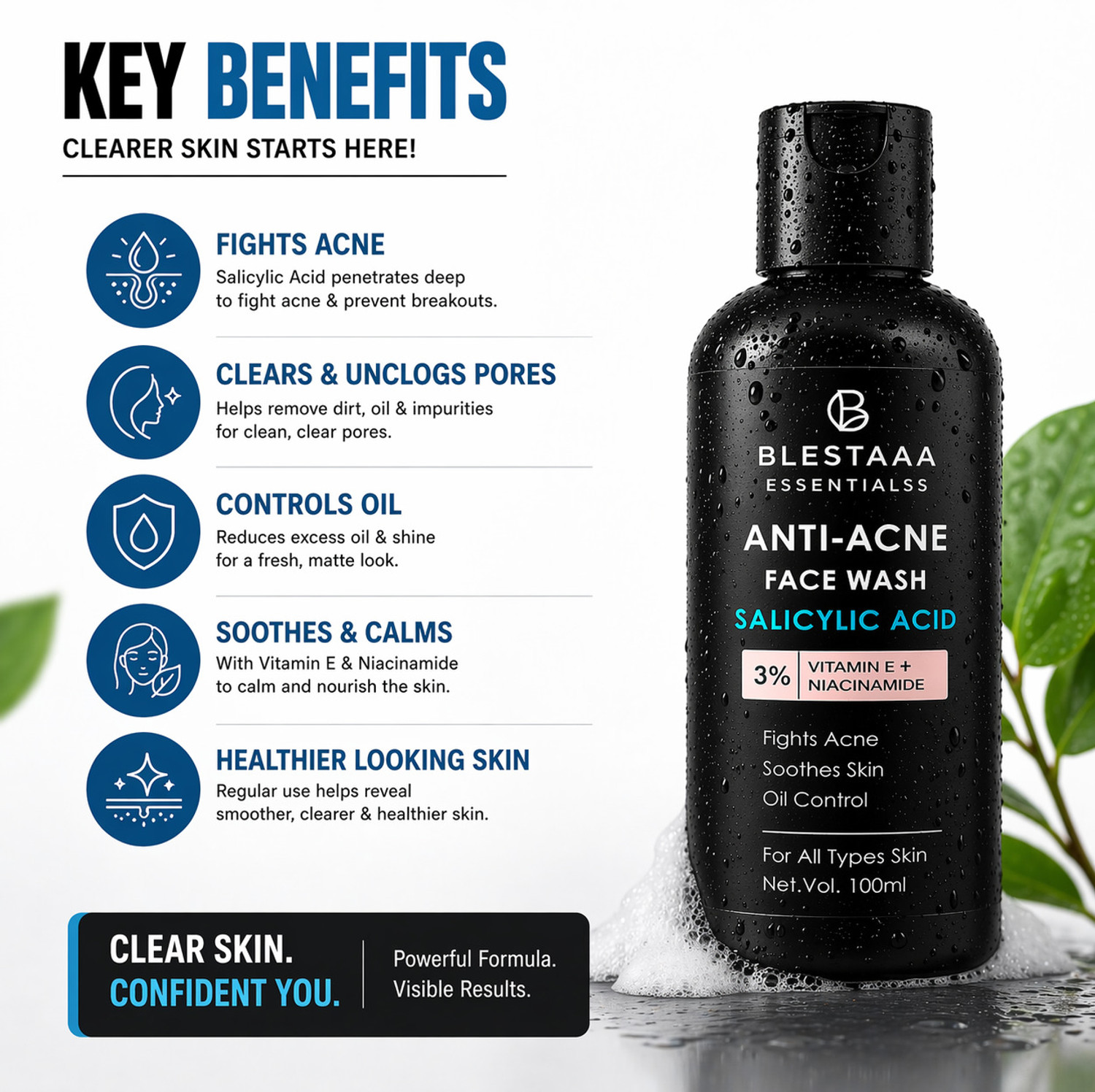 Image of blestaaa essentialss 2% Salicylic Acid For Oily Skin Anti Face Cleanser With Niacinamide & Vitamin E For Acne Face Wash
