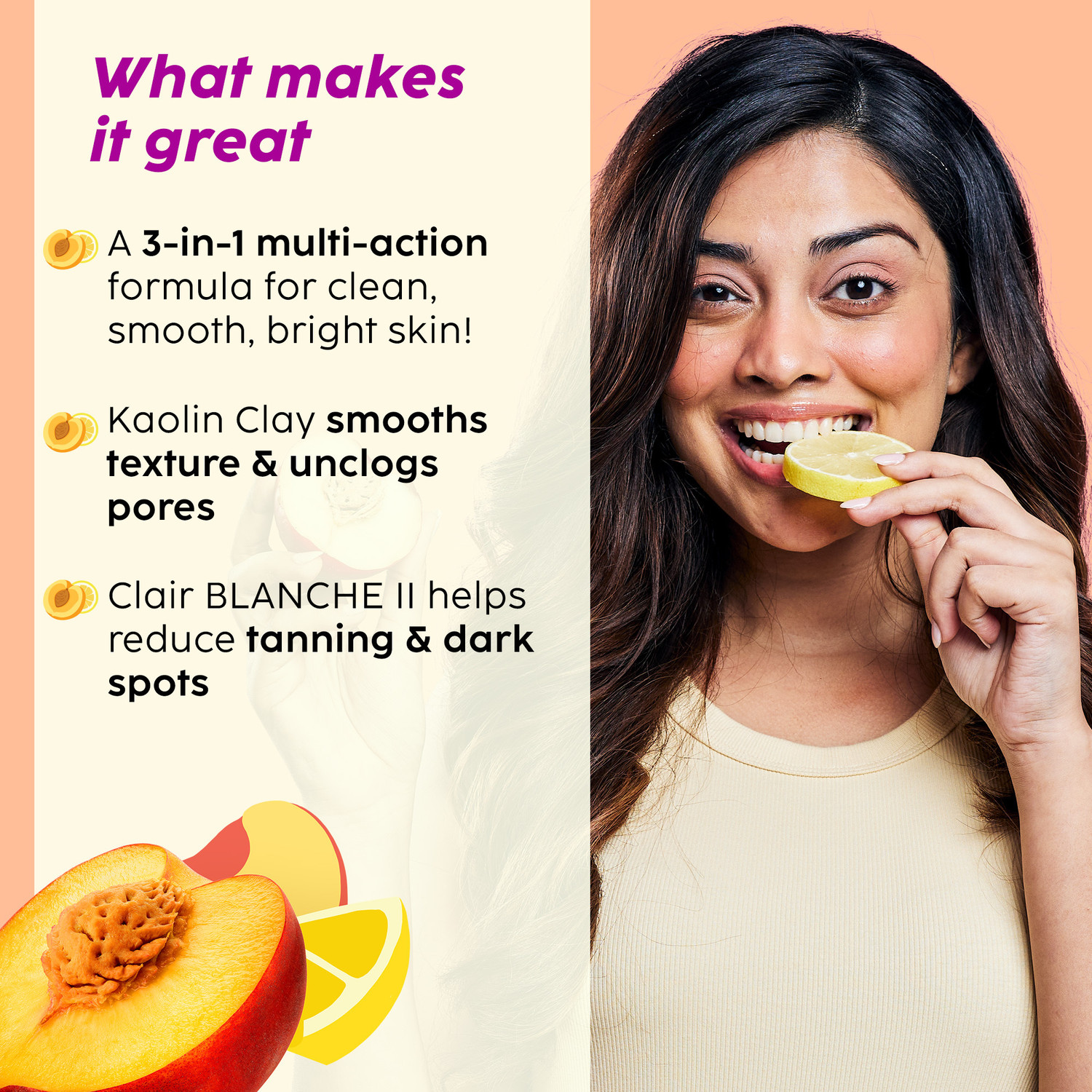 Image of The Plant Fix Plix Peaches & Lemon 3-in-1 Detan Face wash, Scrub & Mask, Red Clay & Kaolin Clay Face Wash