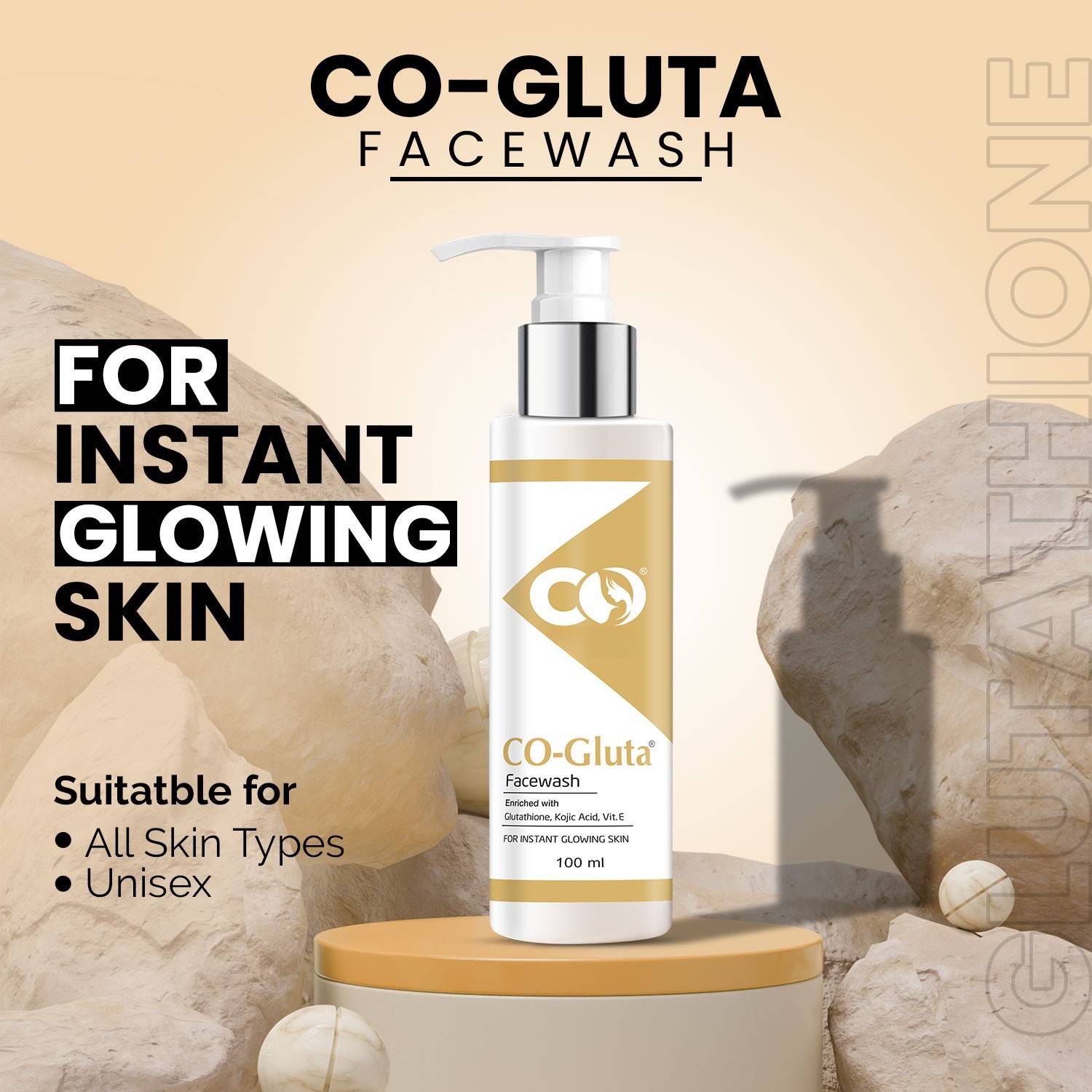 CO Skin Whitening Facewash with L-Glutathione, Vitamin C & E, and Kojic  Acid | Daily Gentle Face Cleanser For Tan Removal, Pigmentation & Uneven  Skin Tone