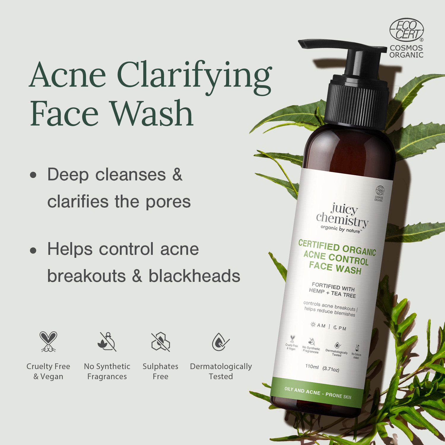 Image of Juicy Chemistry Certified Organic Cleanser with Hemp & Tea Tree | Acne Control Face Wash