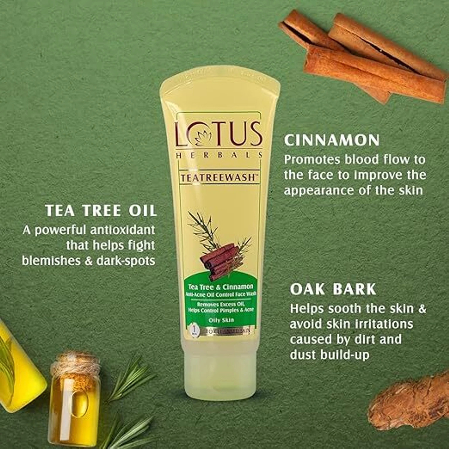Image of LOTUS HERBALS Teatreewash | with Tea Tree Oil & Cinnamon | Anti Acne | Oil Control | 100g*2 Face Wash