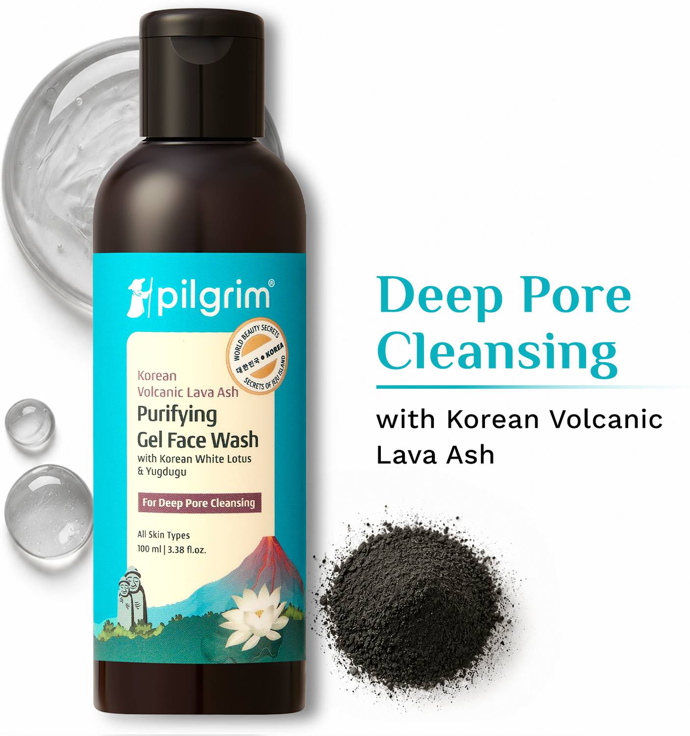Pilgrim Volcanic Lava Ash Cleanser | with Yugdugu & White Lotus | Korean K-Beauty | Gentle, Non Foaming & Sulfate Free | Unclog Pores | Fights Pollution & Acne | All Skin | Unisex Face Wash