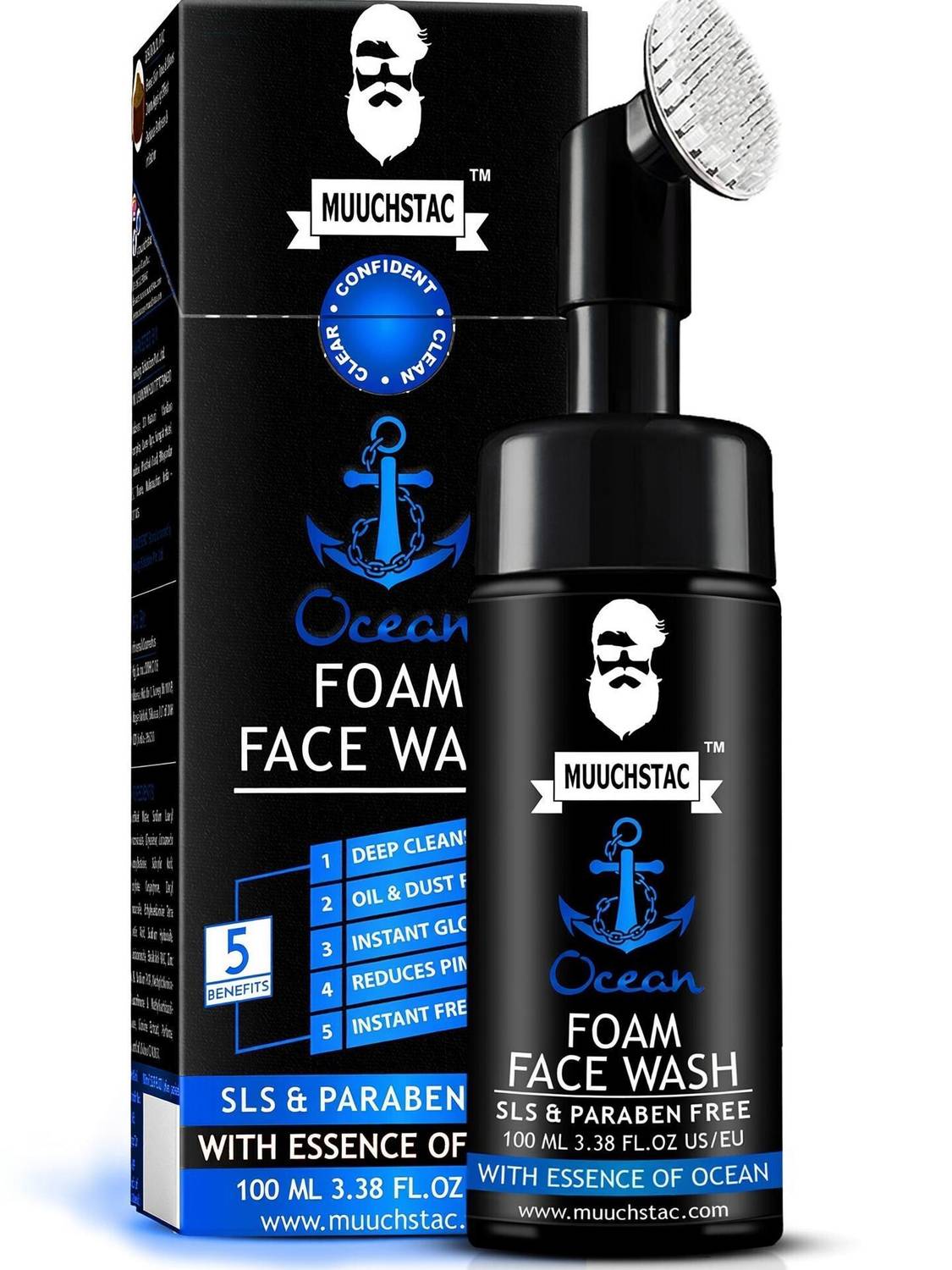 MUUCHSTAC Ocean Foam for Men - Inbuilt Brush, Fights Acne & Pimple, Skin Brightening, All Skin Types Face Wash