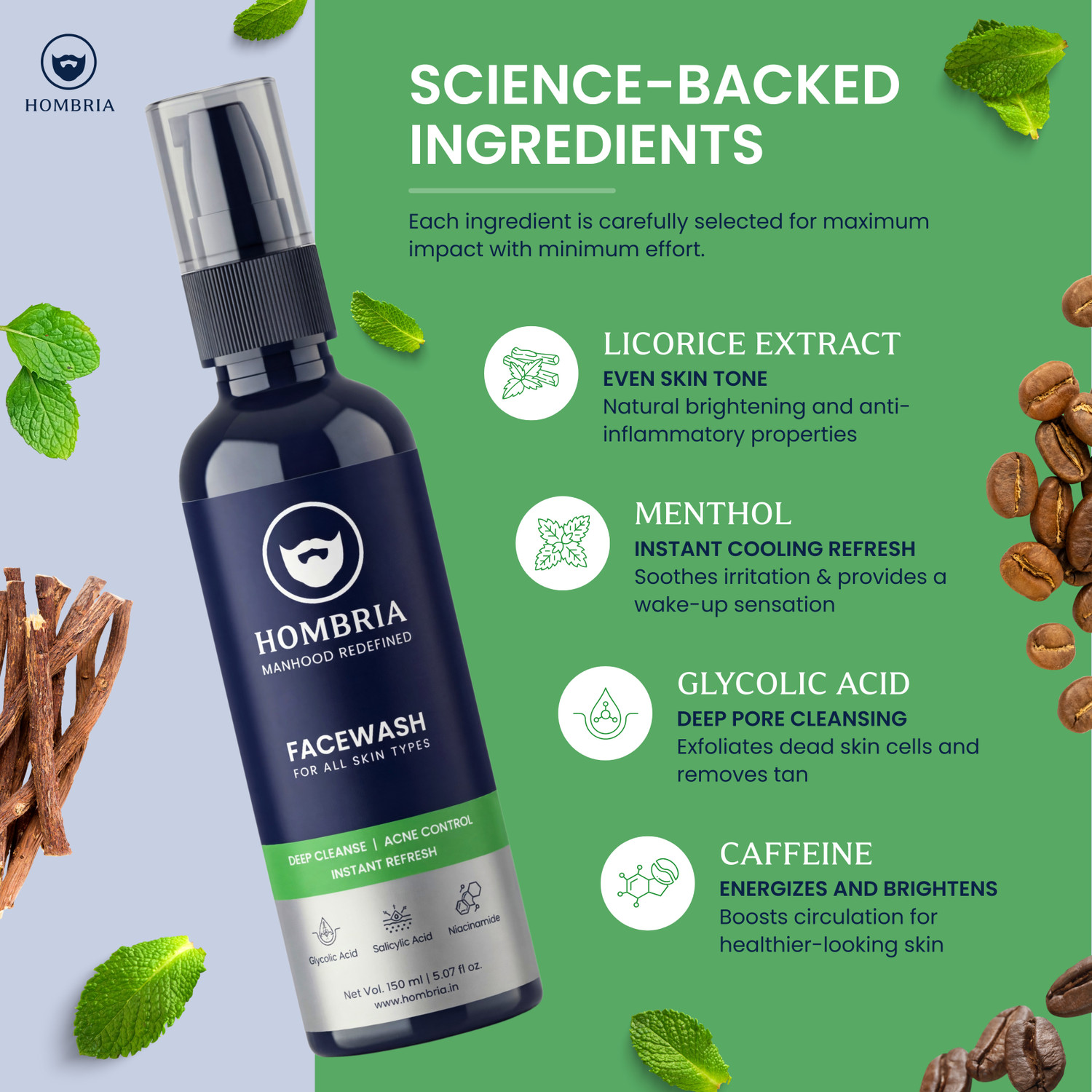 Image of HOMBRIA Facewash for Men, Anti Acne & Pimple, Deep Clean, Brightening, All Skin Types Face Wash