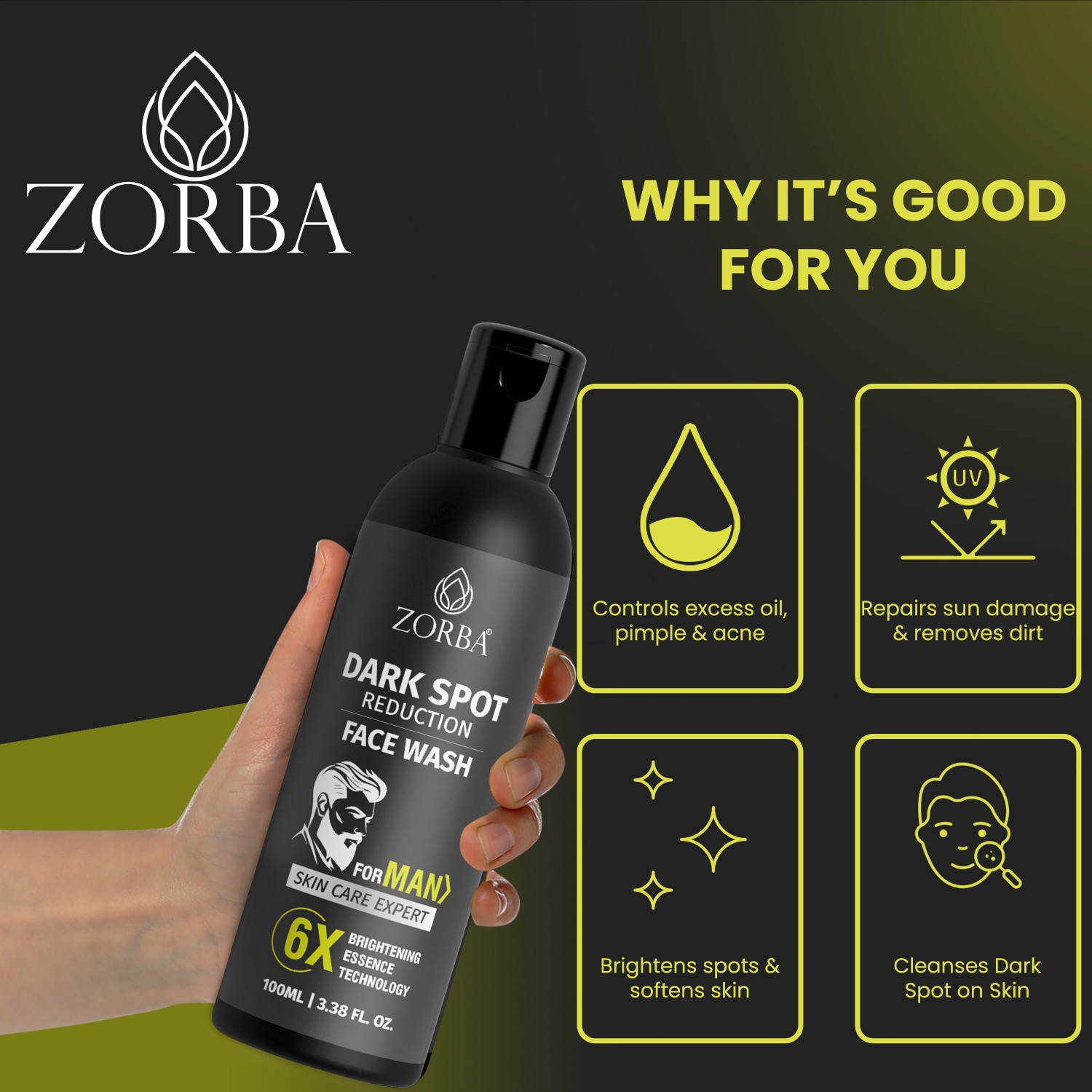 Image of Zorba Dark Spot For Men With 6x Brightening Essence Technology Face Wash