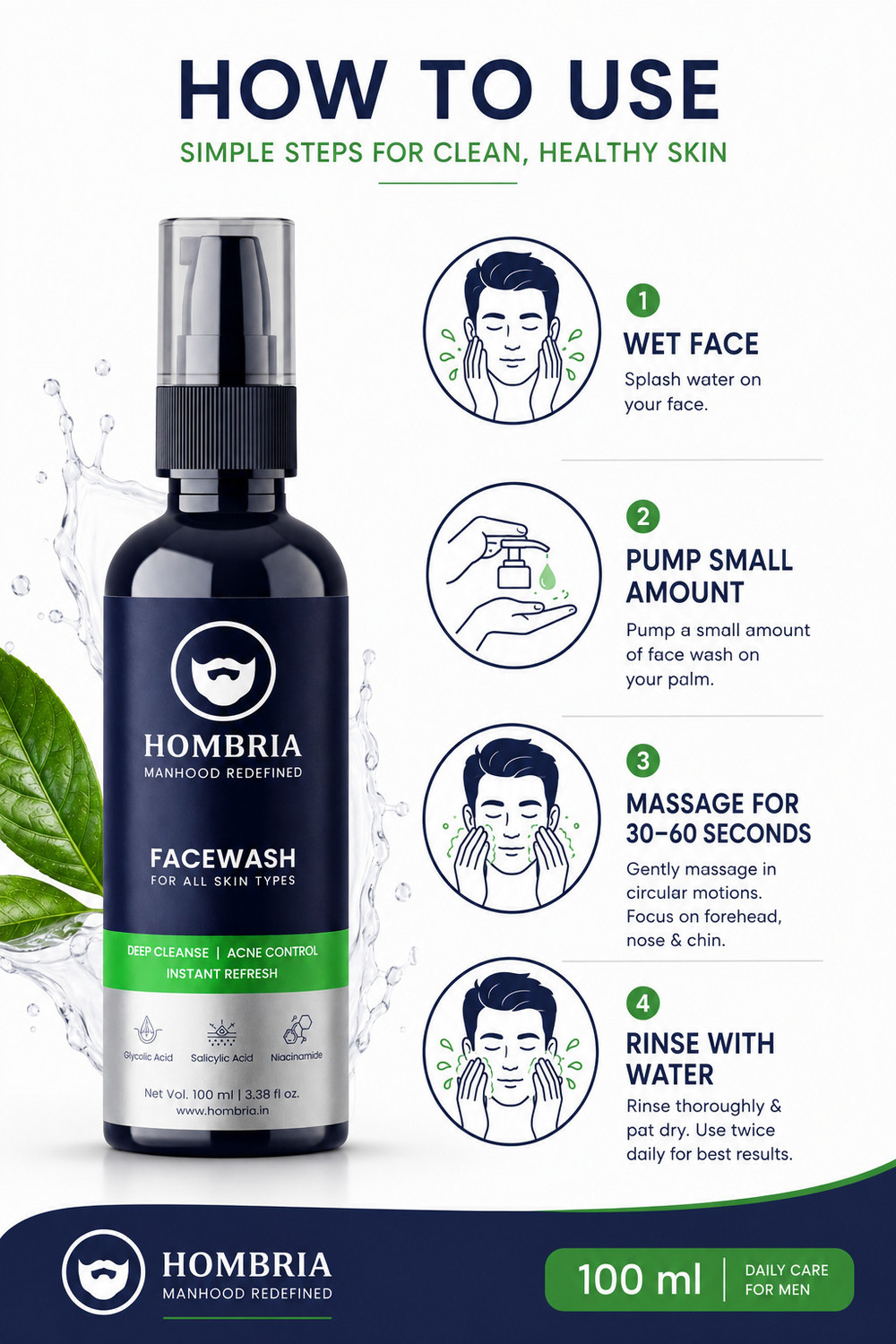 Image of HOMBRIA Facewash for Men, Fights Acne & Pimple, Clear Pores, Brightening, All Skin Types Face Wash