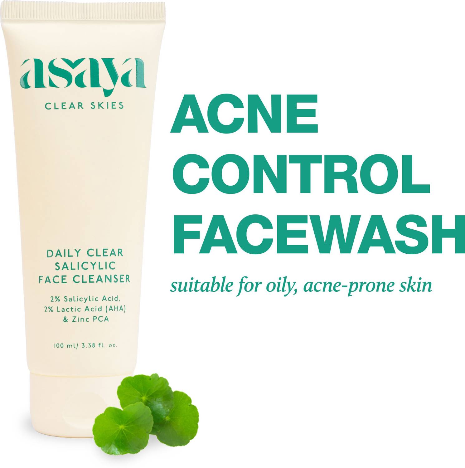 asaya 2% Salicylic Acid Cleanser with Lactic Acid & Zinc for Acne Control Face Wash