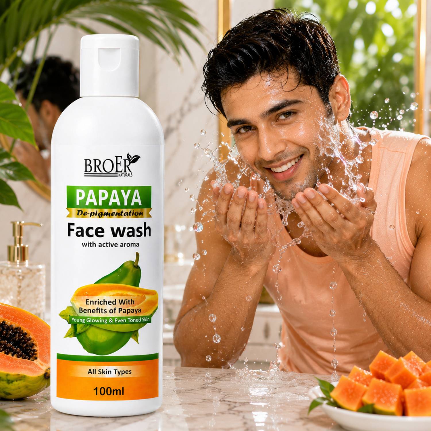 BROER Papaya Facewash Fresh Glow Cleanser Even Tone Bright Skin For Men Daily Routine Face Wash