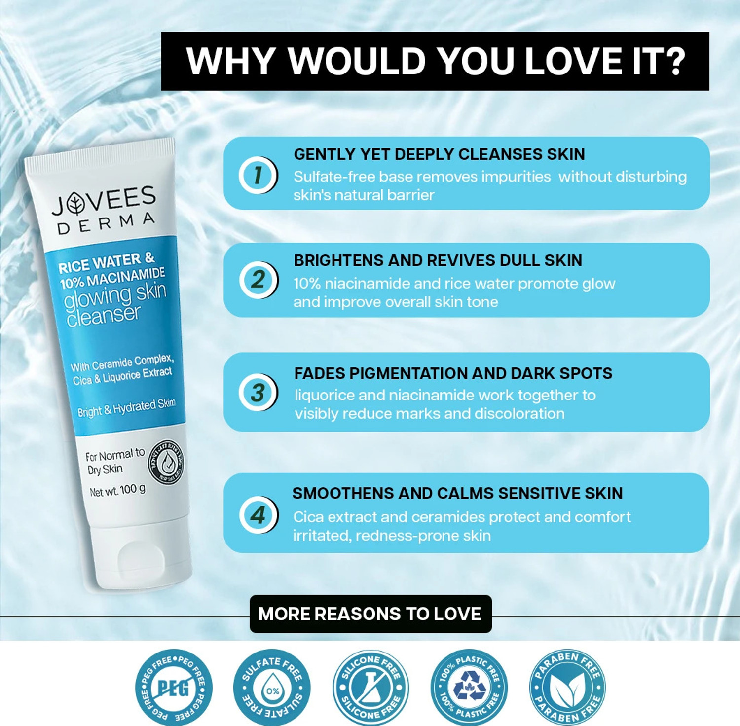 Image of JOVEES Derma Rice Water & 10% Niacinamide Glowing Skin Cleanser | Brightens, Helps Fade Blemishes & Even Tone | Softens & Smoothens Skin | Gentle For All Skin Type | For Men & Women Face Wash