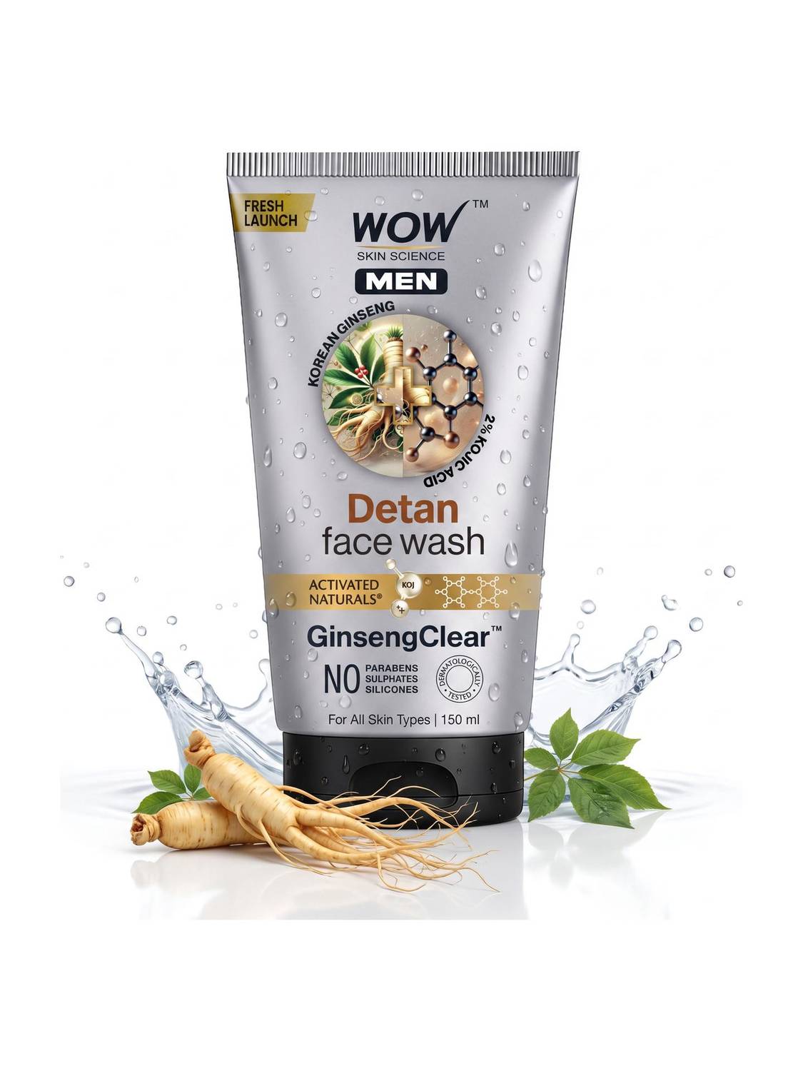 WOW SKIN SCIENCE MEN KOREAN GINSENG + KOJIC ACID Detan Gel | Reduces Tan & Dark Spots | GinsengClear™ Technology Face Wash