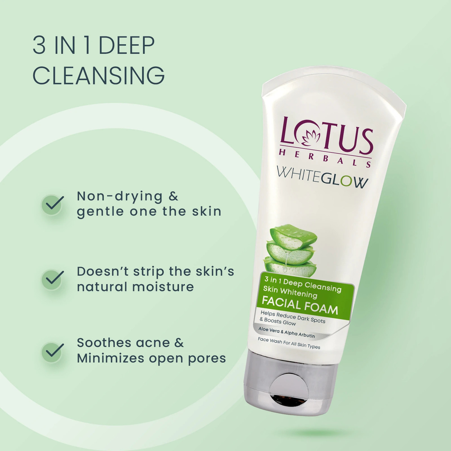 Image of LOTUS HERBALS whiteGlow 3-In-1 Deep Cleansing Skin Whitening Facial Foam (50g2) pack of 2 Face Wash