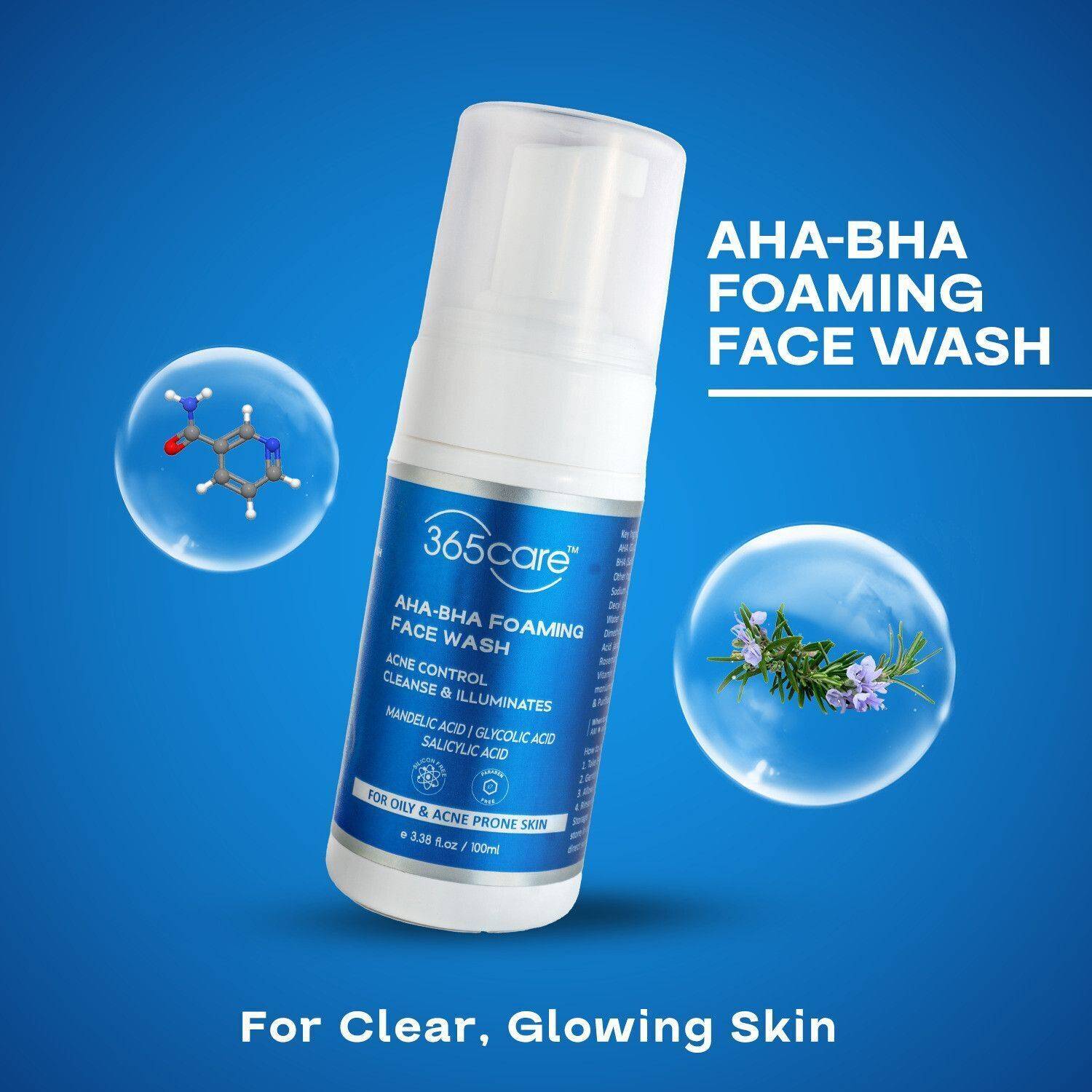 365Care AHA-BHA Gentle Exfoliating Foaming | Salicylic & Glycolic Acid | Acne Control & Oil-Free Cleanser (100 ml) Face Wash