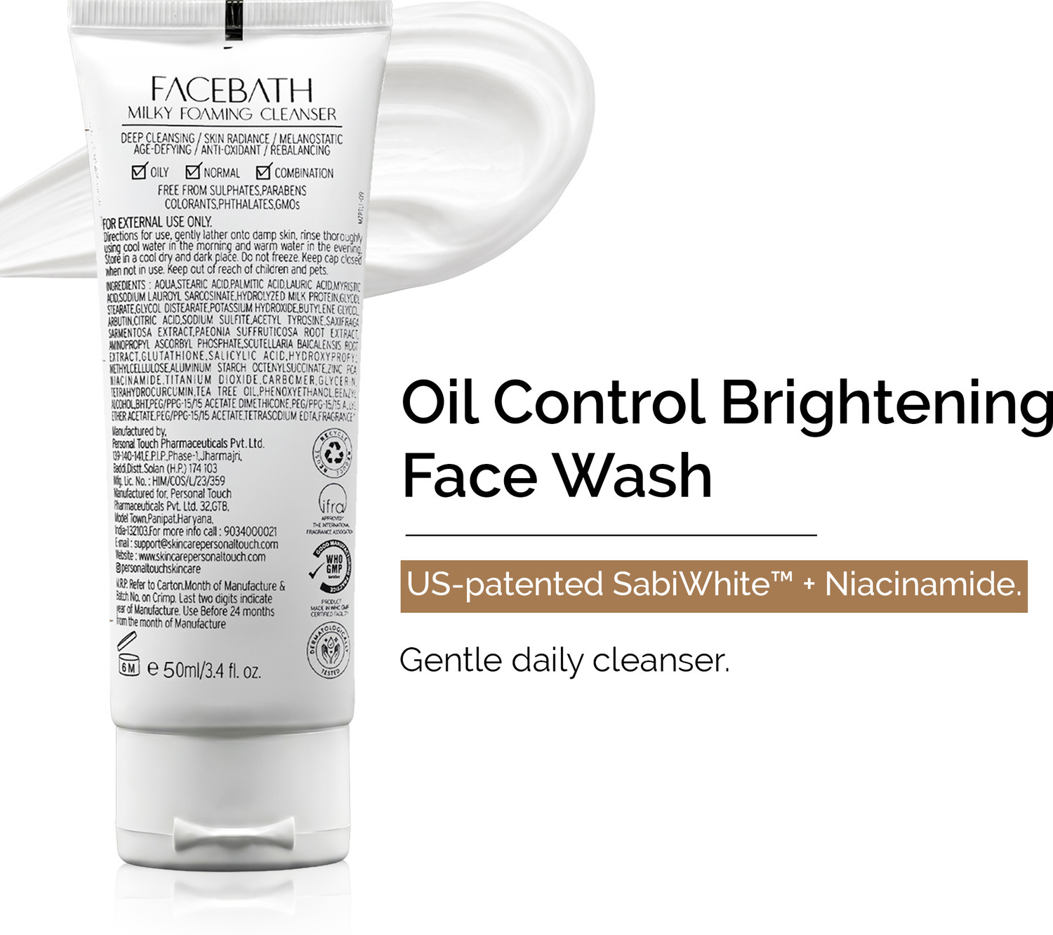 Image of PERSONAL TOUCH SKINCARE Milky Face Cleanser for Men & Women 50ml Salicylic Acid, Niacinamide & Tea Tree Face Wash