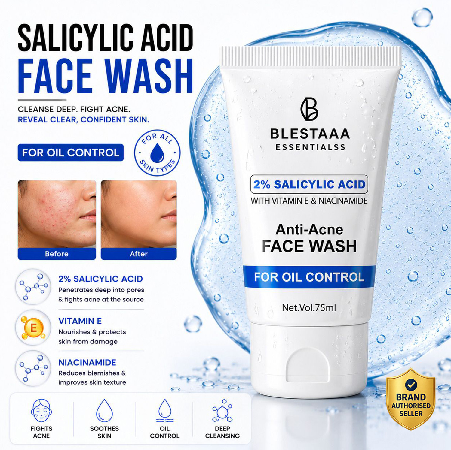 Image of blestaaa essentialss 2% Salicylic Acid For Oily Skin Anti Face Cleanser With Niacinamide & Vitamin E For Acne Face Wash