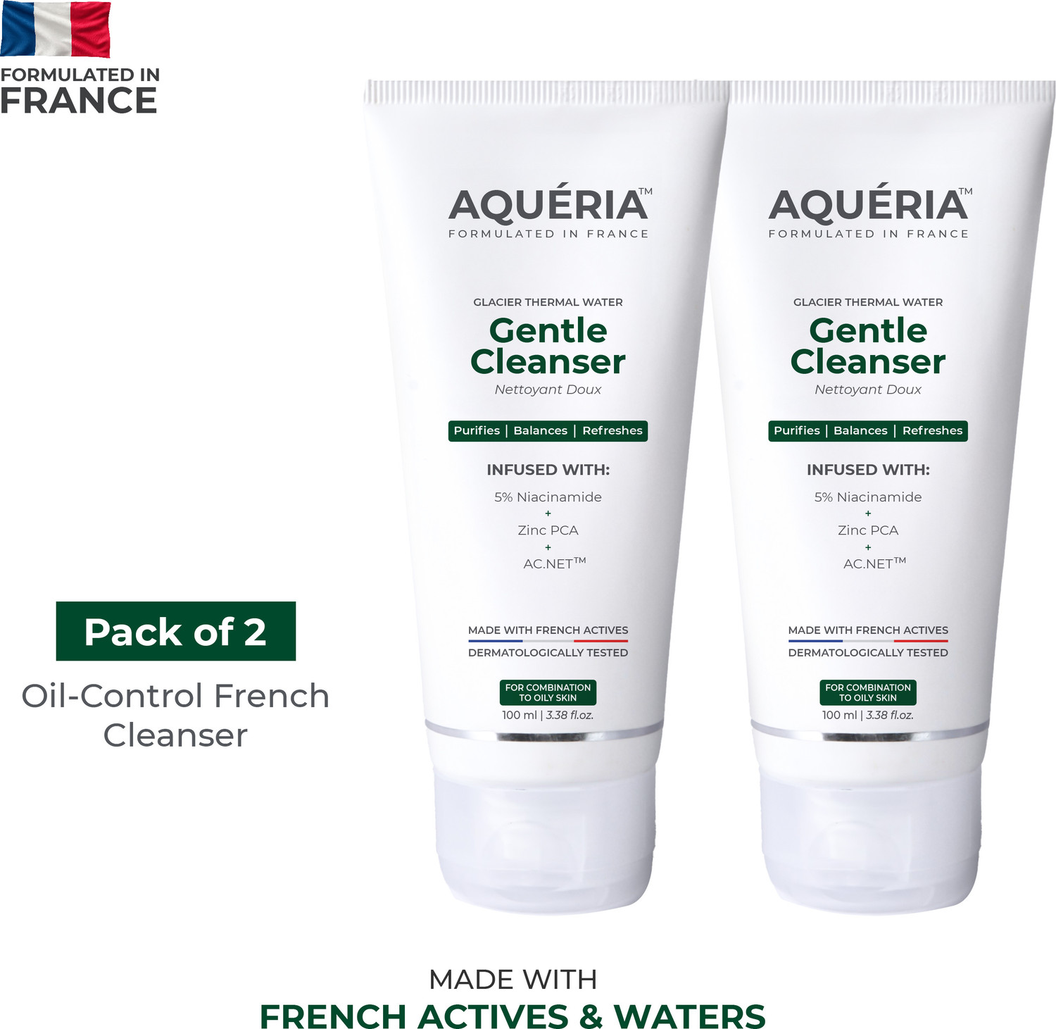 Image of Aqueria 5% Niacinamide Oil Control French Gentle Cleanser Reduces Acne & Marks Acne Prone, Oily Skin Cleanser (Pack of 2) Face Wash