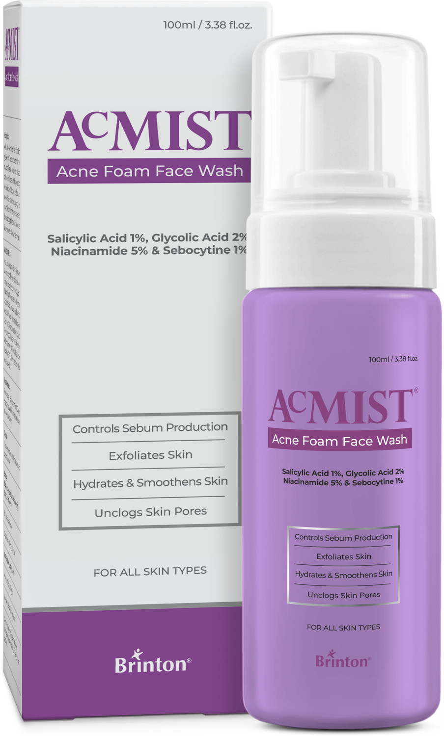 Image of Brinton Acmist Foam for Acne | Controls Sebum, Unclogs Pores, Smoothens Skin Face Wash