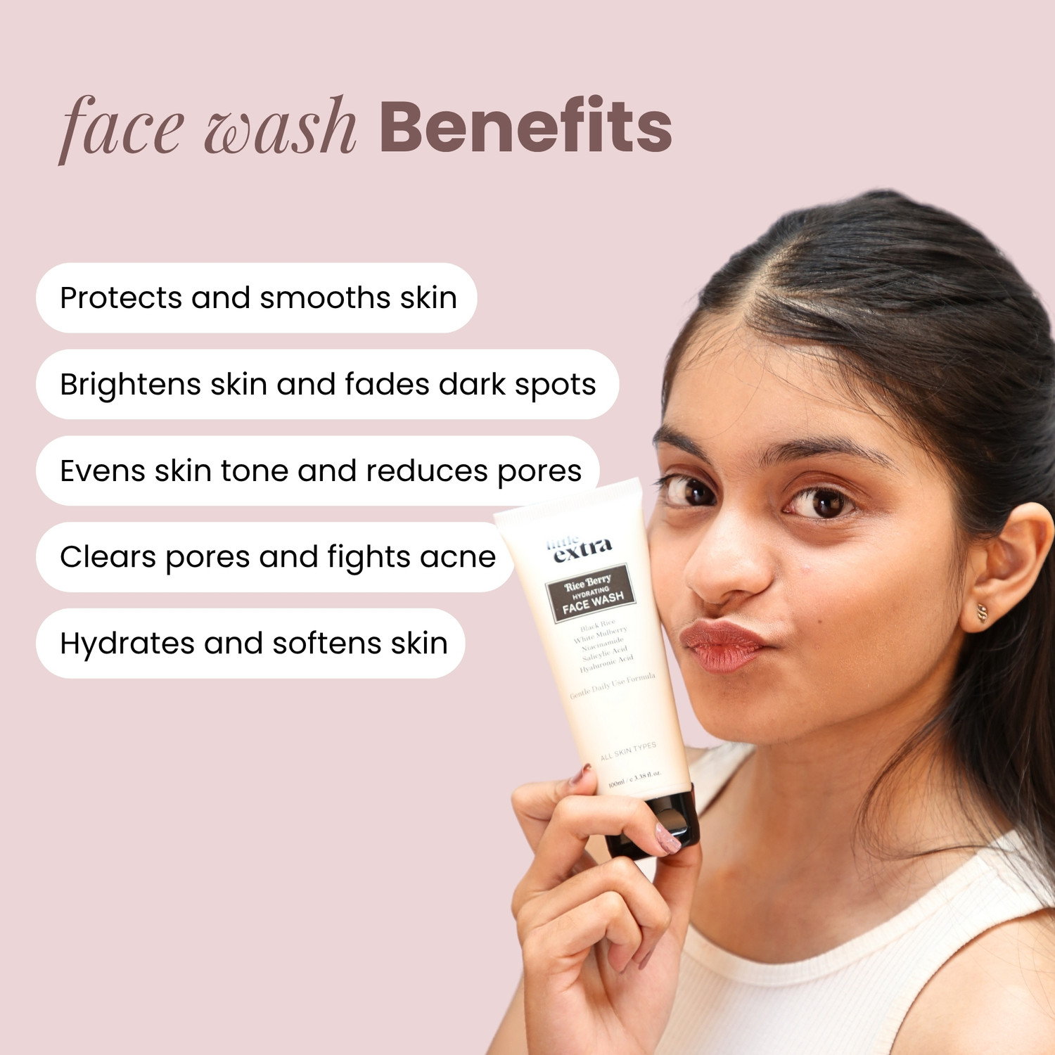 Image of Little Extra Rice Berry for Bright Glowing Skin, Daily Use, Mild and Gentle, Hyaluronic Acid, Salicylic Acid, Niacinamide, Sulfate-Free, Men & Women - All Skin Types Face Wash