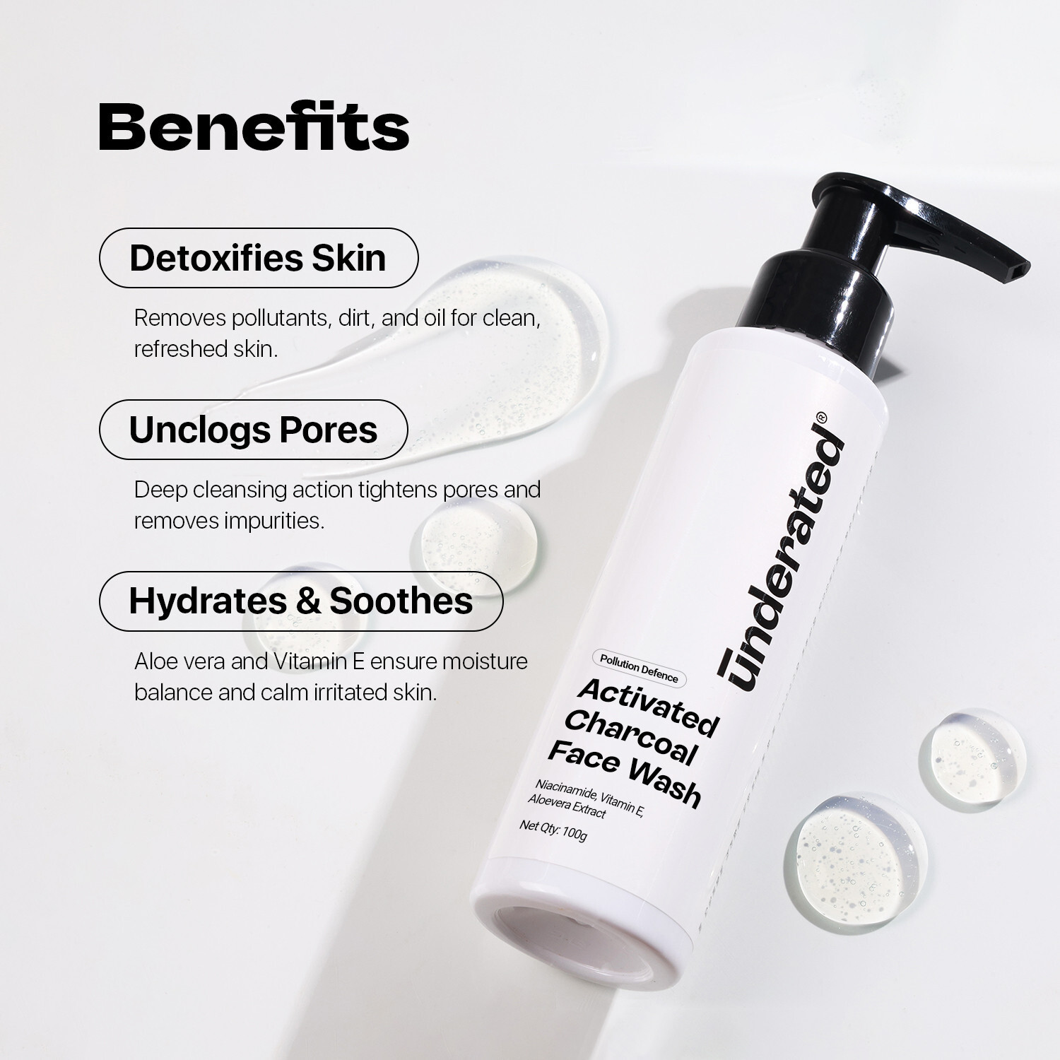 Image of UNDERATED Activated Charcoal Pollution Defence | Deep Cleansing & Oil Control | With Niacinamide, Vitamin E, & Aloe Vera Extract | Unclogs Pores & Detoxifies Skin | For All Skin Types Face Wash
