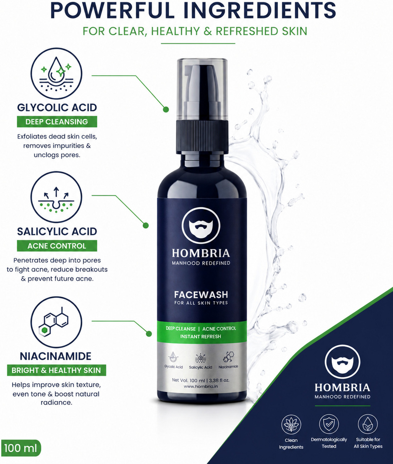 Image of HOMBRIA Facewash for Men, Fights Acne & Pimple, Clear Pores, Brightening, All Skin Types Face Wash