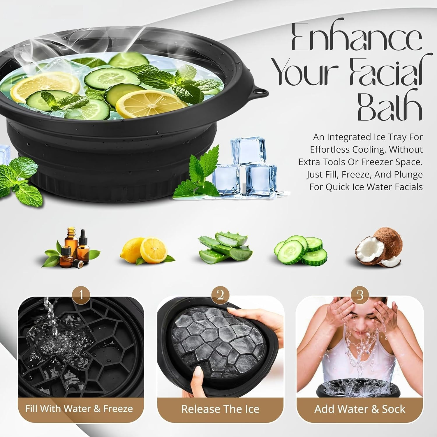 Image of kroywen Facial Ice Bath, Collapsible Bowl for Face Ice Bath with Built-in Icetray Face Wash
