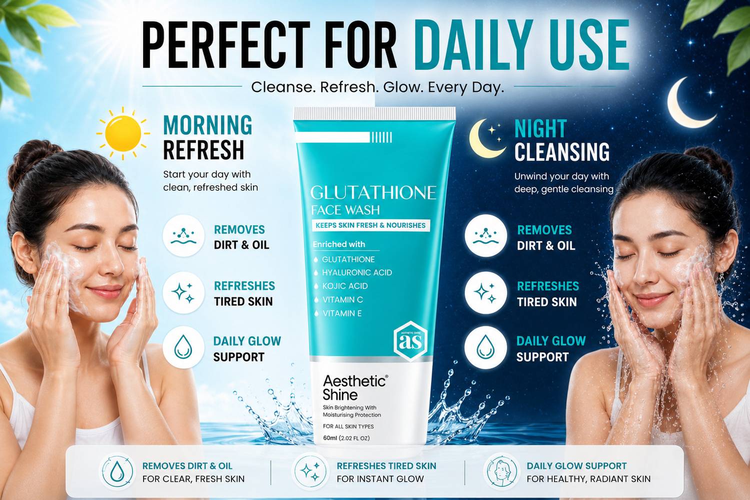 Aesthetic Shine L- Glutathione Skin Whitening & Brightening face wash  Enriched With Hyaluronic Acid , Kojic Acid, VItamin C & Vitamin E Face Wash 