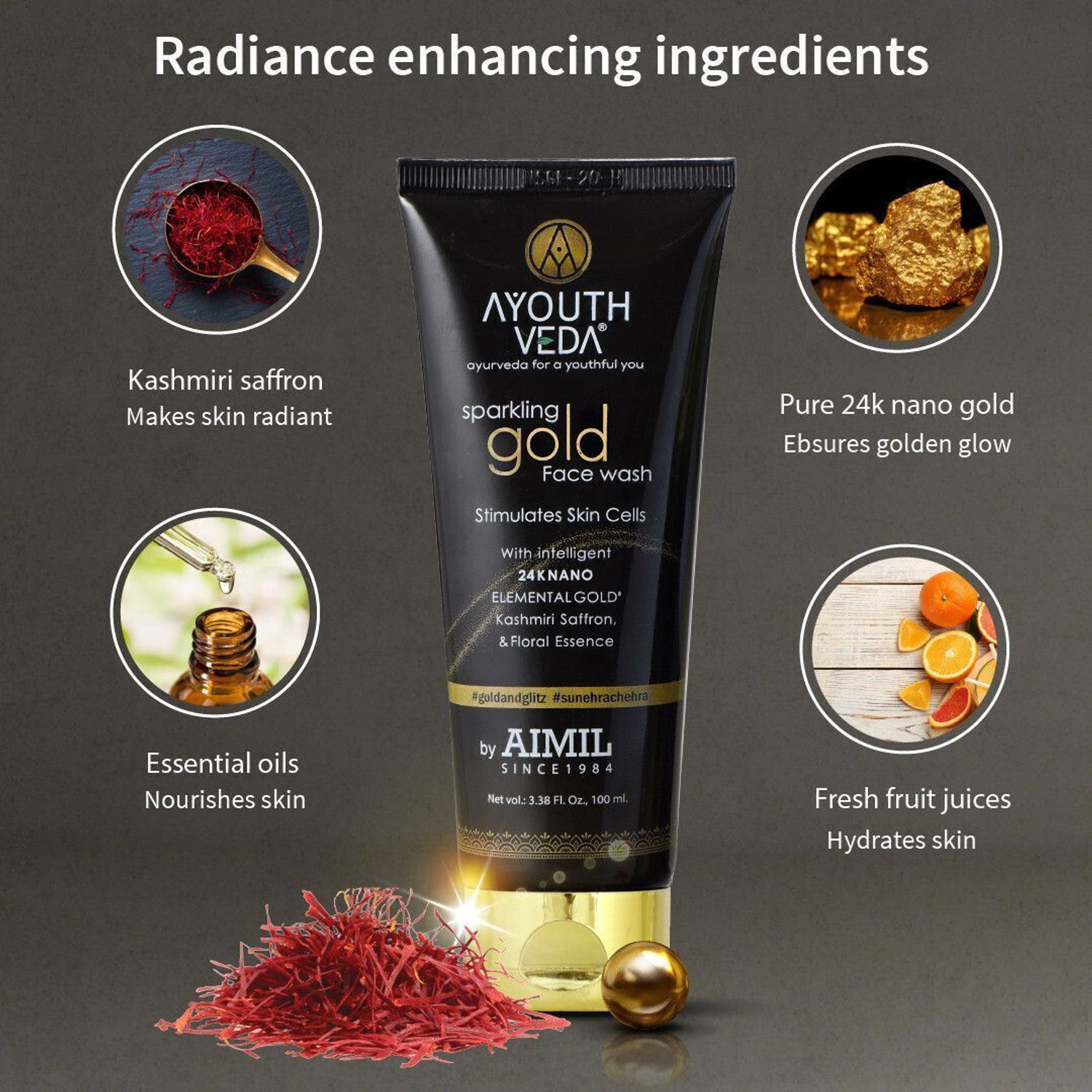 Image of AYOUTHVEDA Sparkling Gold With 24k Gold & Saffron for Even Tones Skin Golden Glow Face Wash
