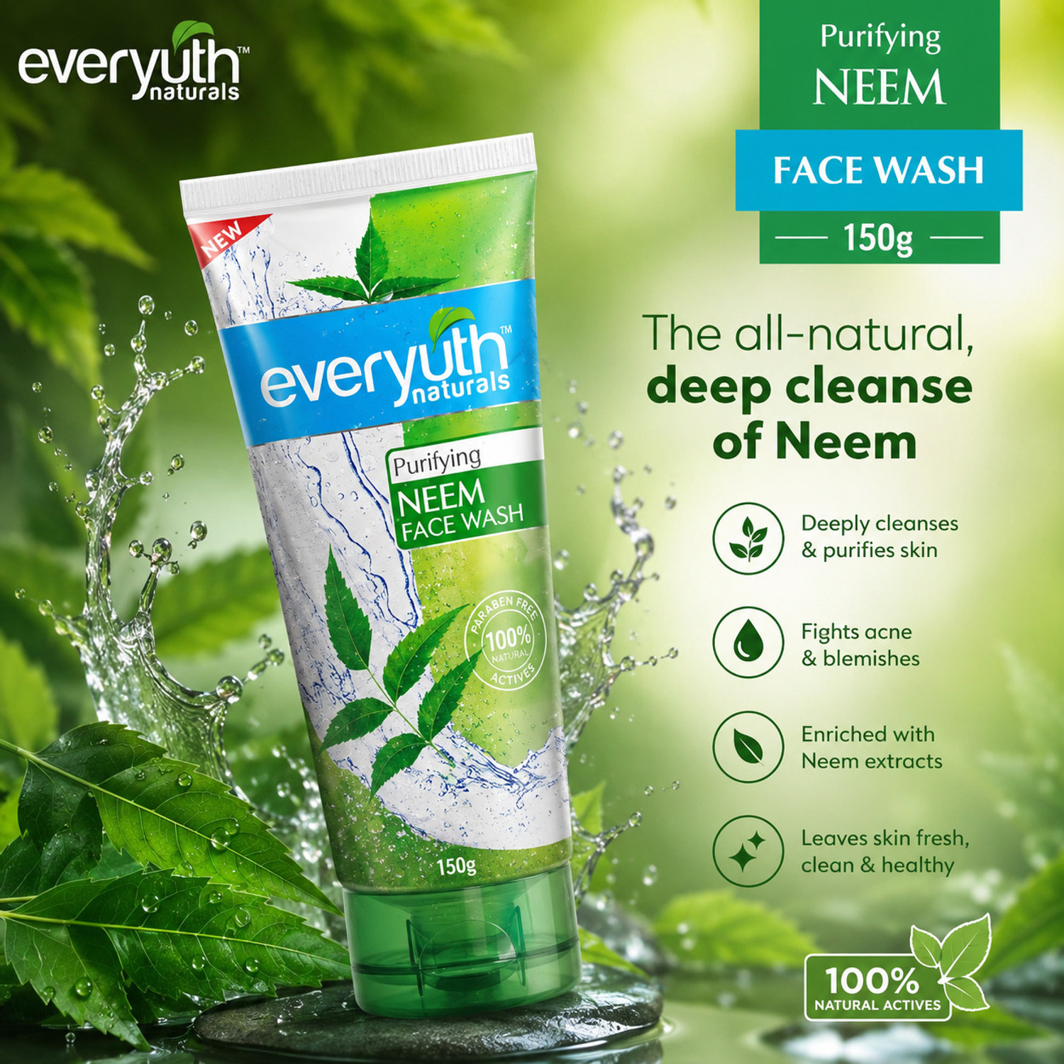 Image of Everyuth Naturals Purifying Neem Antibacterial Neem and Tea Tree Oil Hydrated Clear (150 g) PACK OF 1 Face Wash
