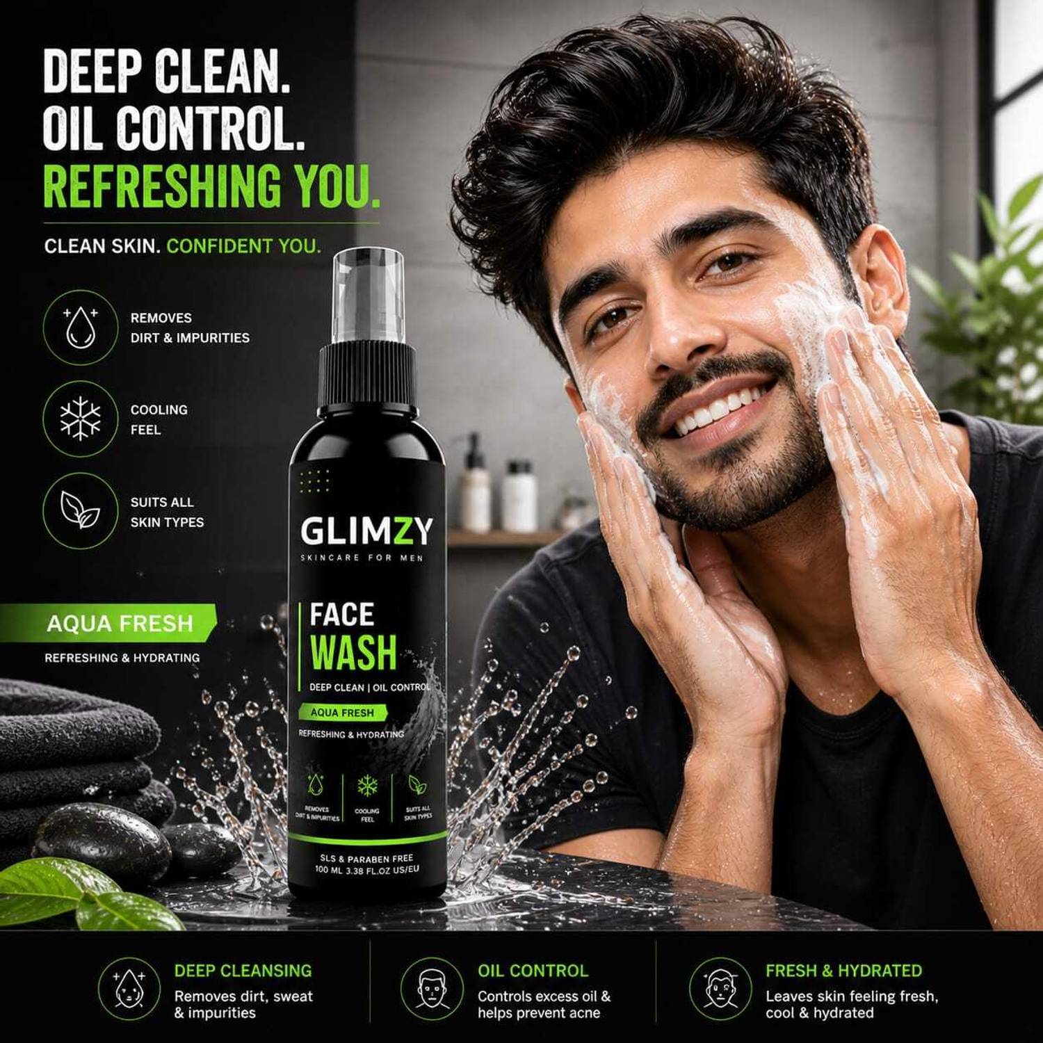 Glimzy Men Aqua Fresh Deep Clean Oil Control Face Cleanser R
